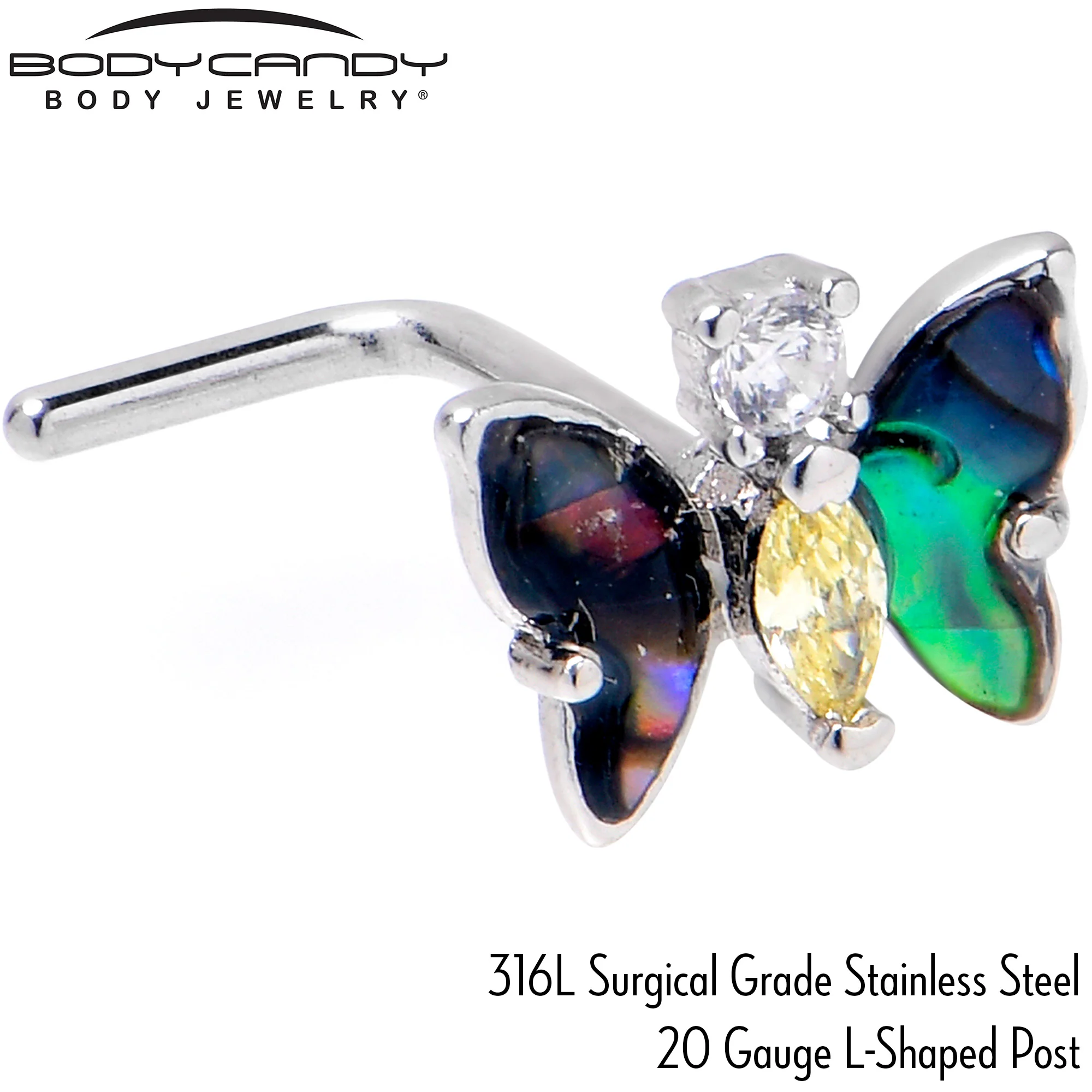 20G 7mm Yellow Clear Gem Dark Butterfly L Shape Nose Ring - Image 4