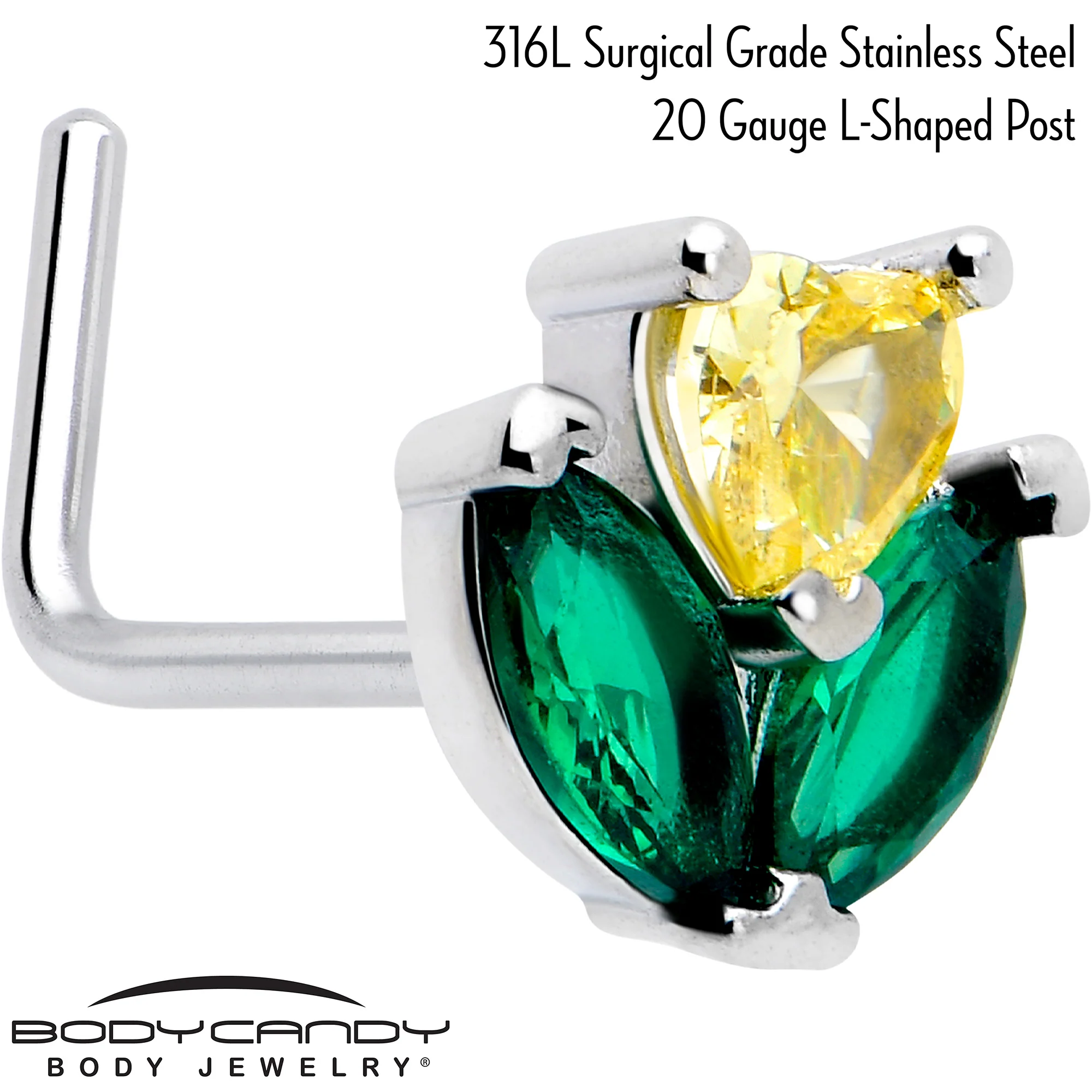 20G 7mm Yellow Green CZ Gem Love Flower L Shape Nose Ring - Image 2