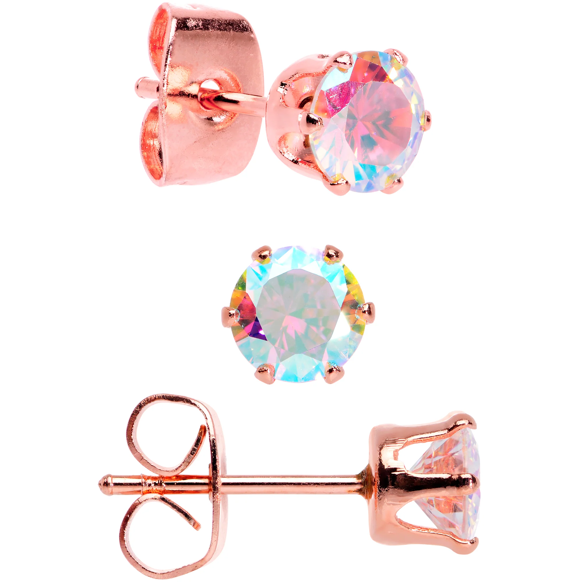 20G Aurora CZ Gem Rose Gold Tone Post Stud Earring Set of 6 - Image 2
