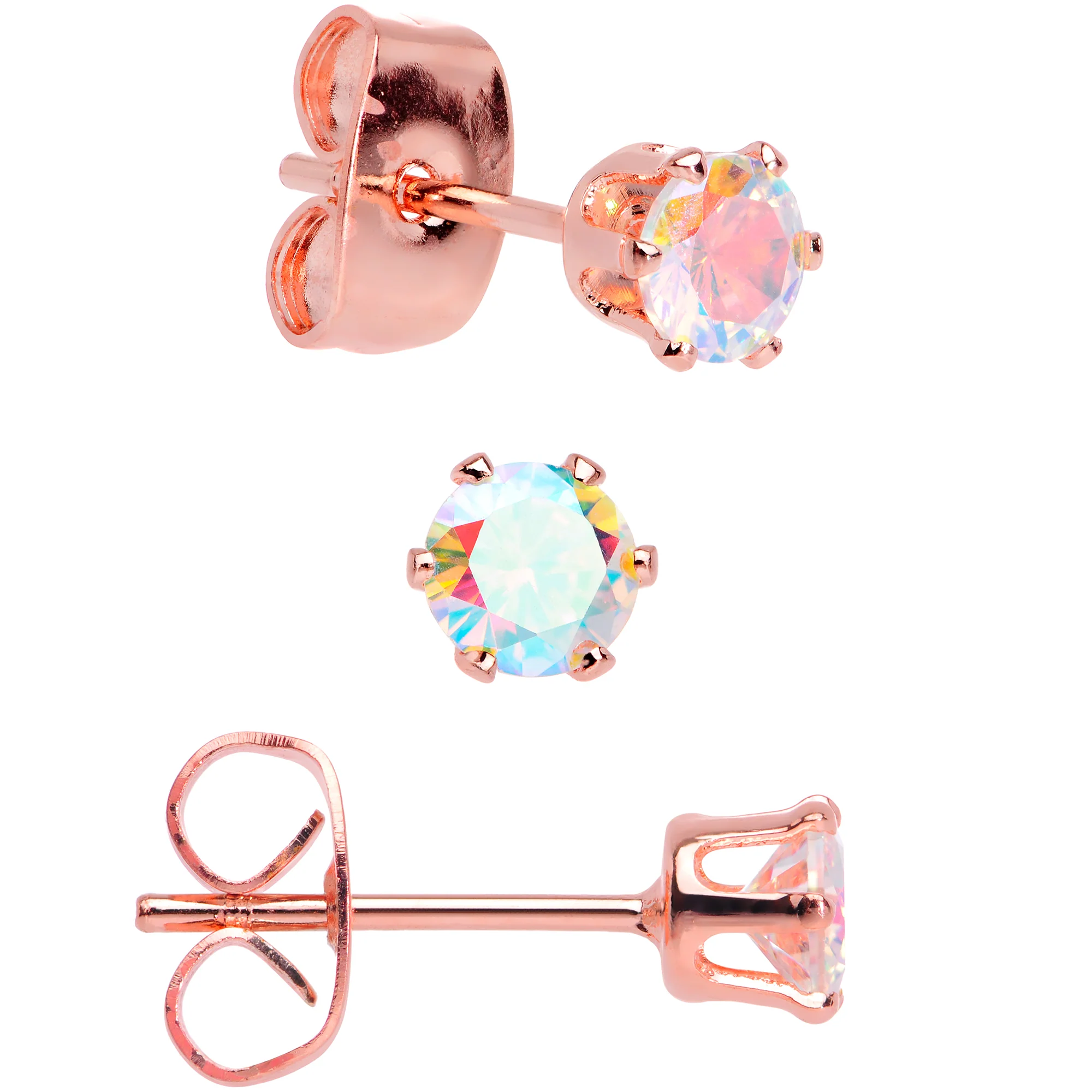 20G Aurora CZ Gem Rose Gold Tone Post Stud Earring Set of 6 - Image 3