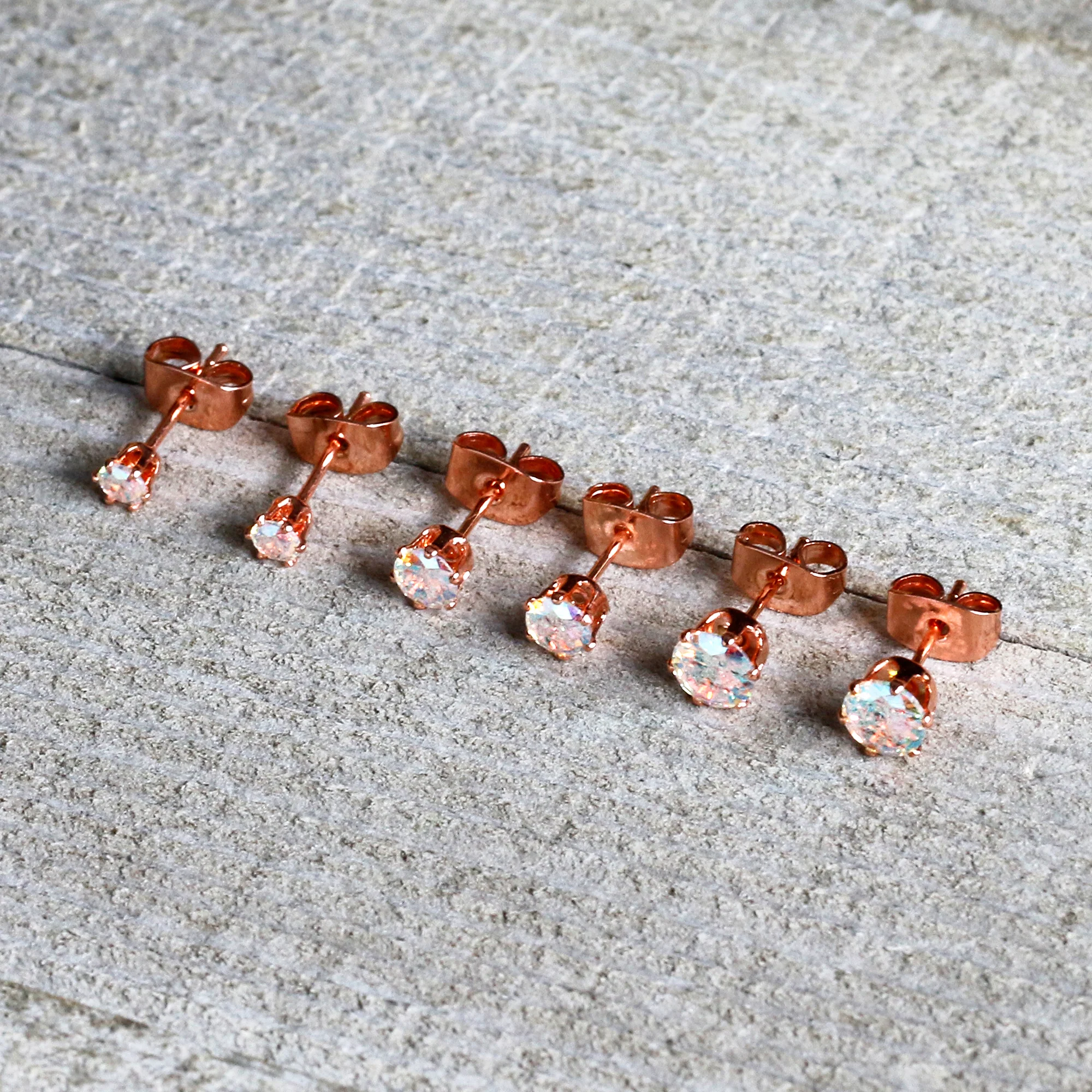 20G Aurora CZ Gem Rose Gold Tone Post Stud Earring Set of 6 - Image 6