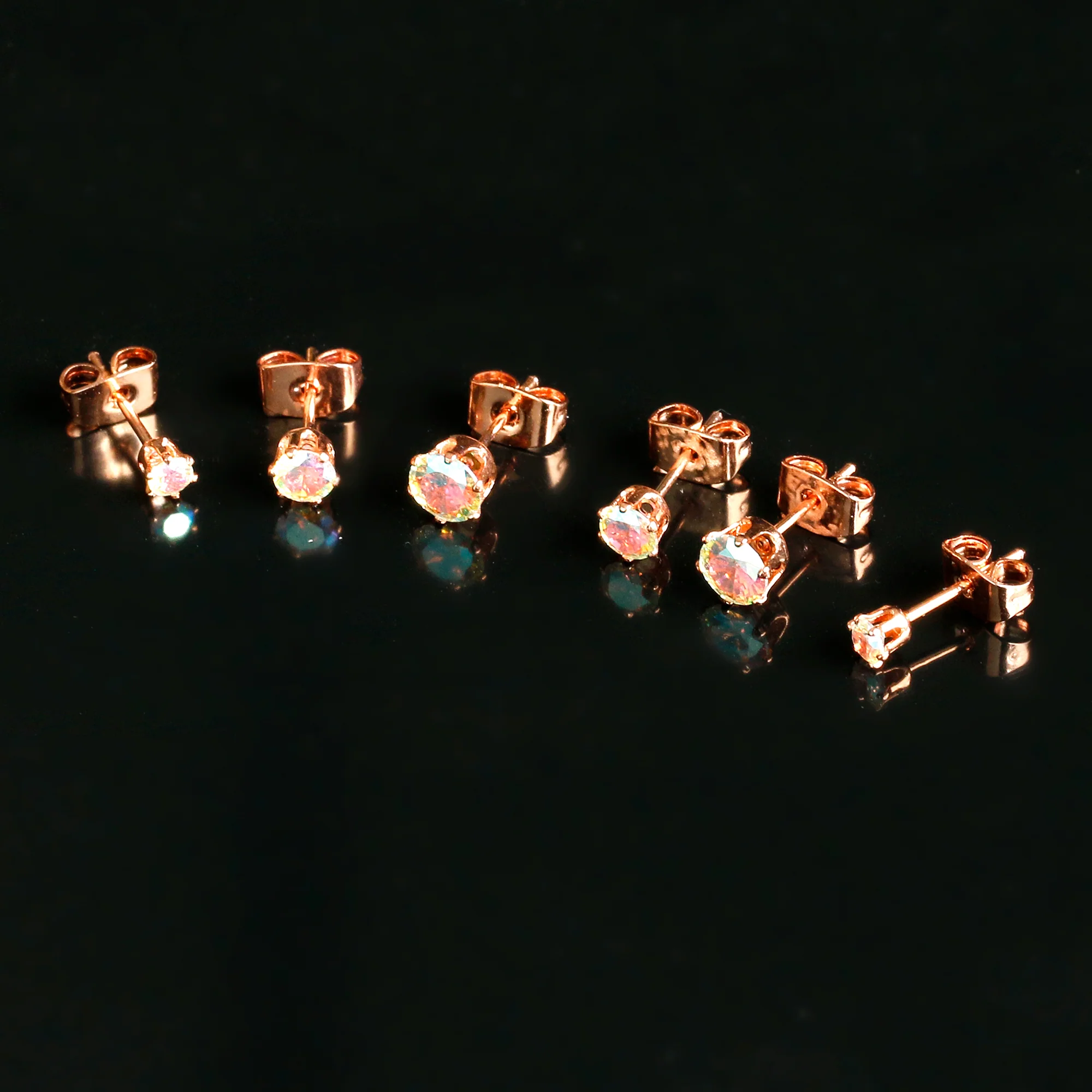 20G Aurora CZ Gem Rose Gold Tone Post Stud Earring Set of 6 - Image 7