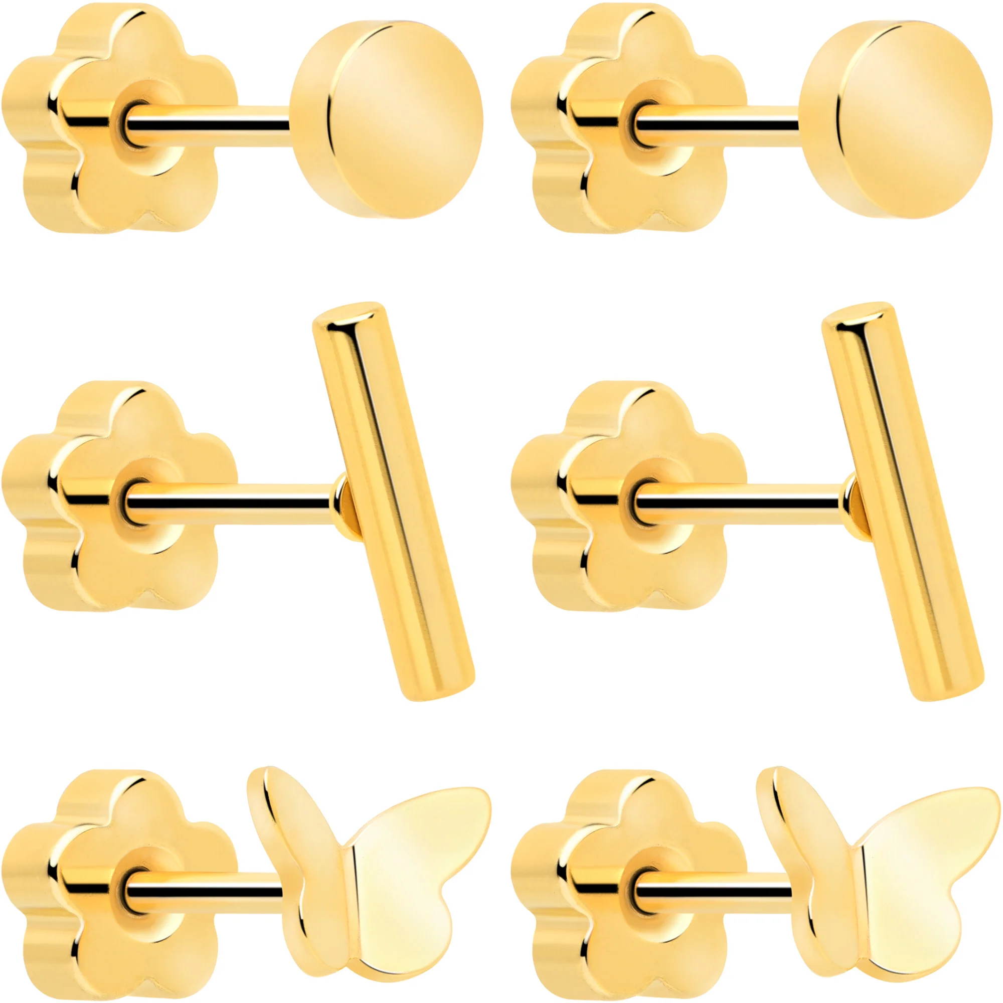 20G Bar Disc Butterfly Reversible Flower Flat Back Earring Set of 6 - Image 2