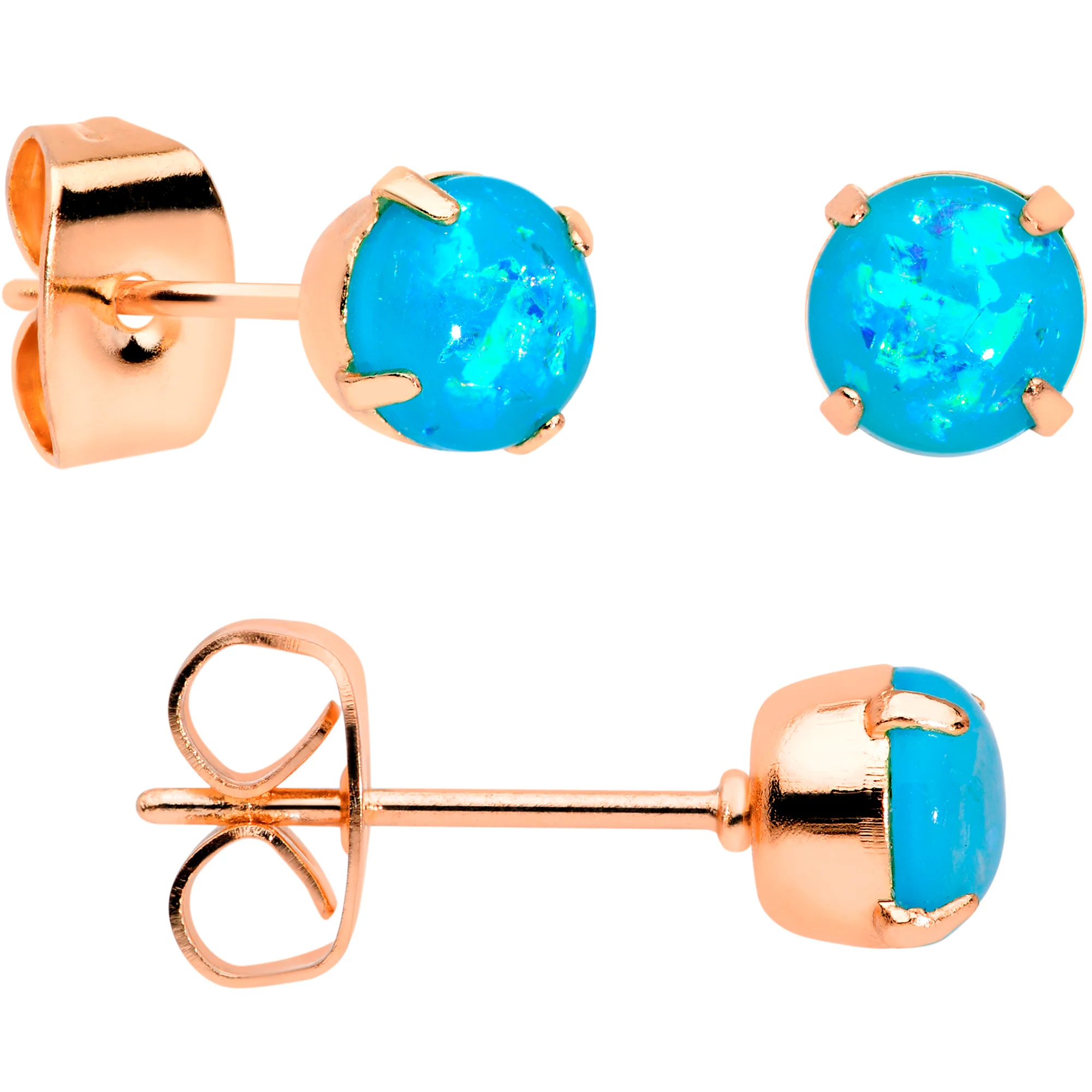 20G Blue Faux Opal Rose Gold Tone 3mm 5mm Stud Earrings Set of 3 - Image 2