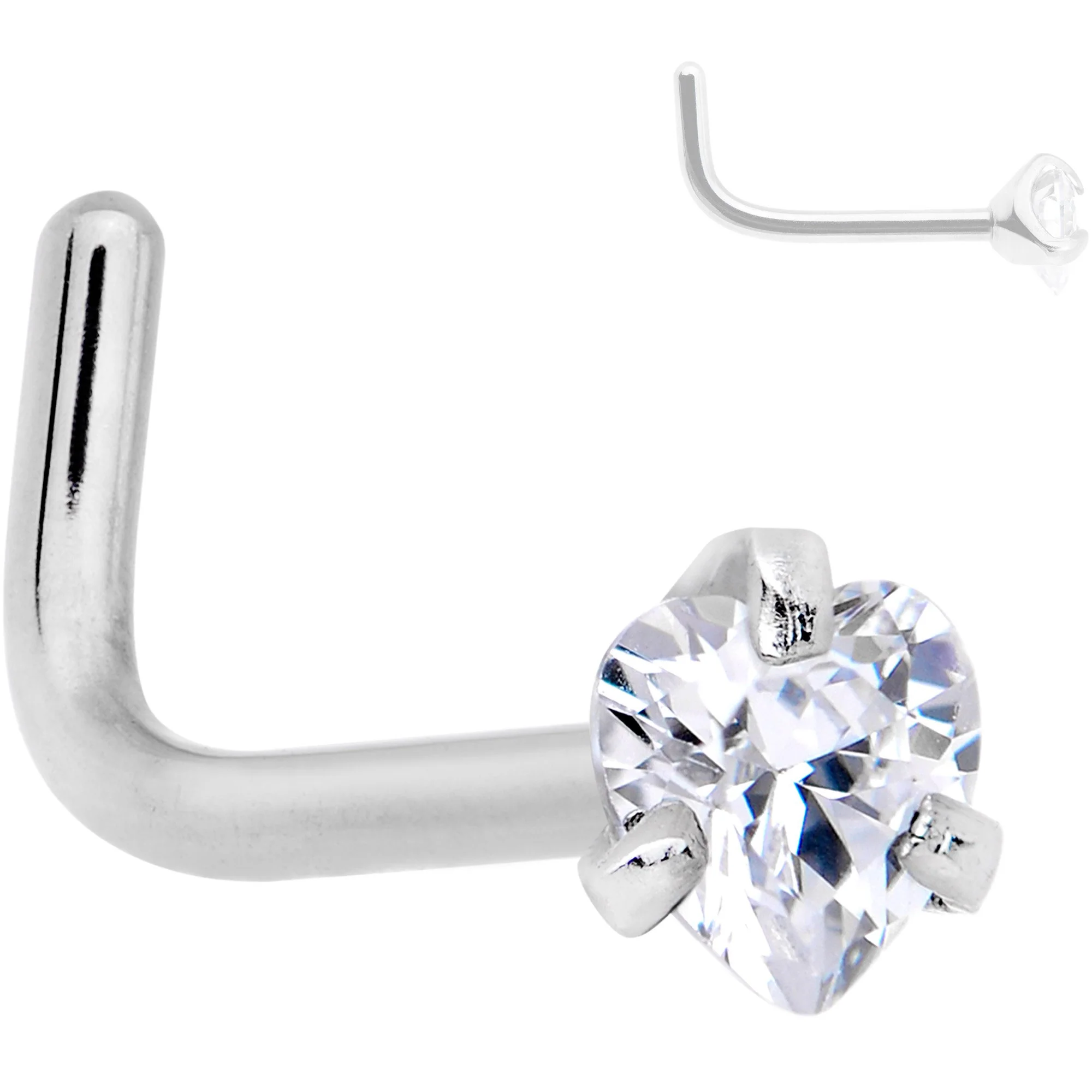 20G Clear 3mm CZ Heart Gem Grade 23 Titanium L Shaped Nose Ring - Image 4