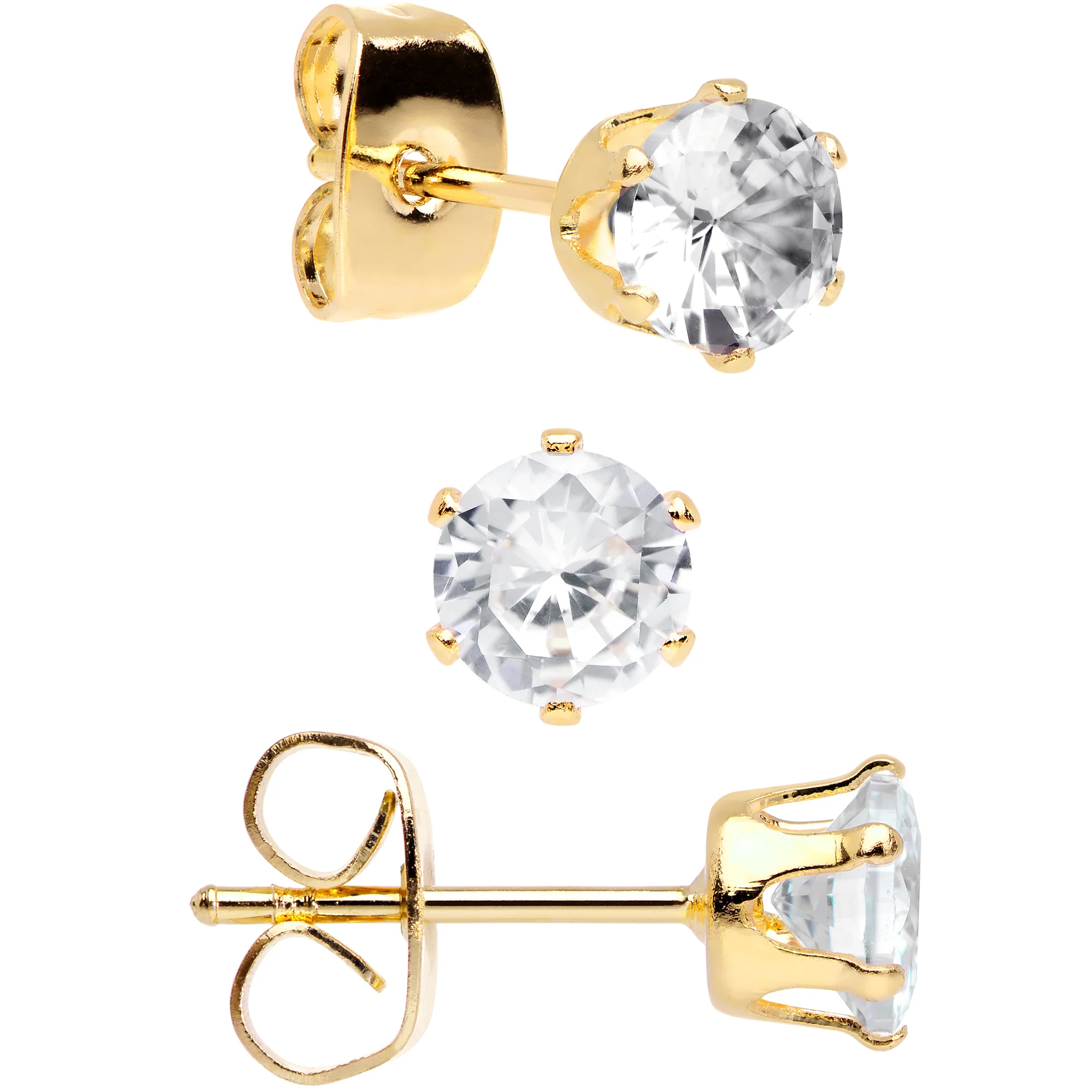 20G Clear CZ Gem Gold Tone 3mm to 5mm Post Stud Earring Set of 3 - Image 2