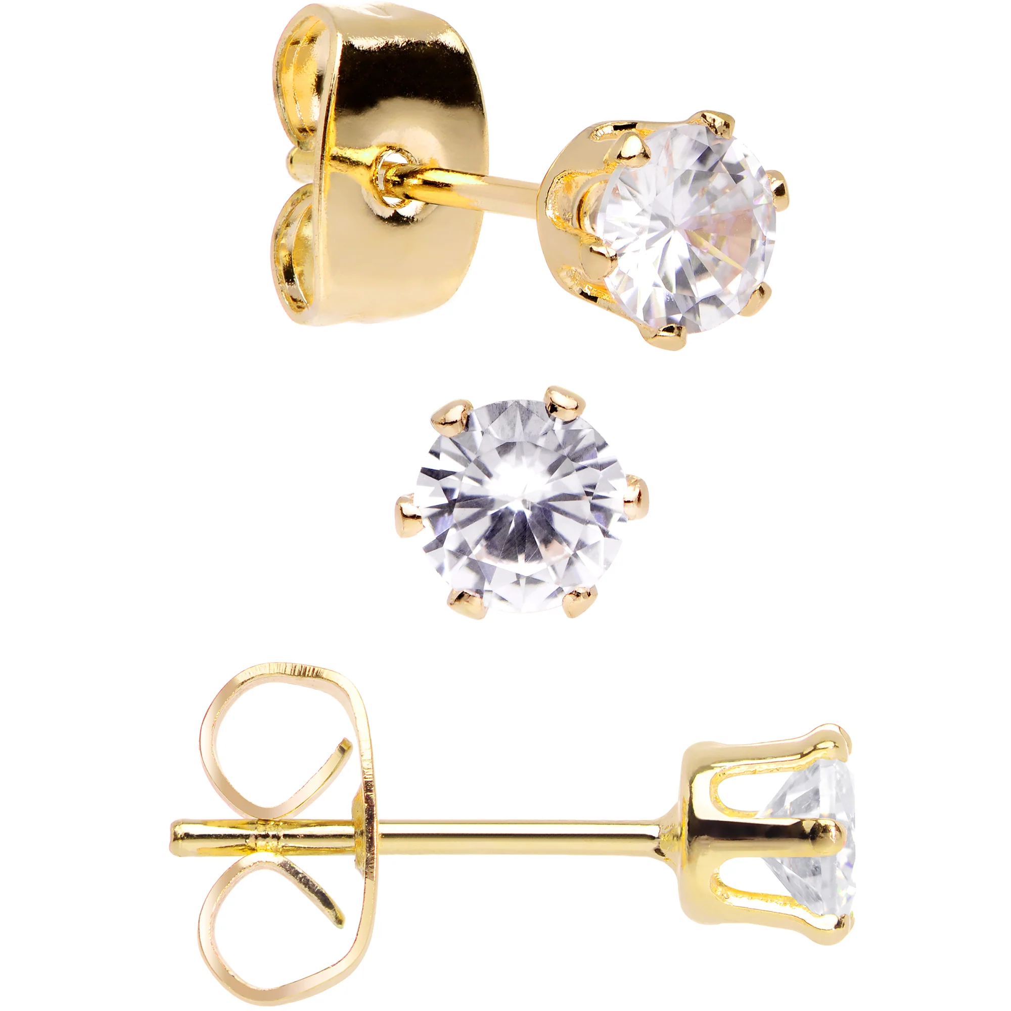 20G Clear CZ Gem Gold Tone 3mm to 5mm Post Stud Earring Set of 3 - Image 3