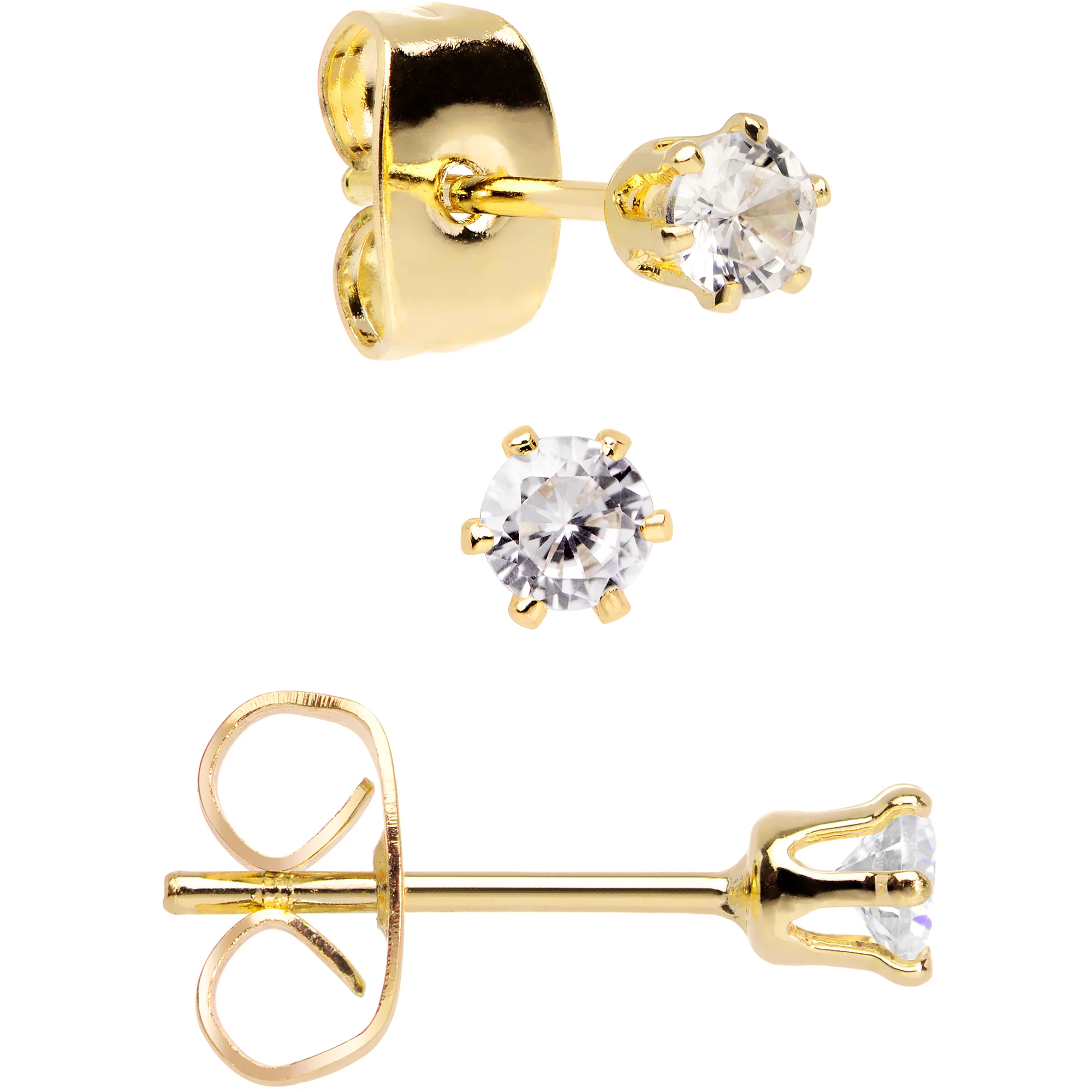 20G Clear CZ Gem Gold Tone 3mm to 5mm Post Stud Earring Set of 3 - Image 4