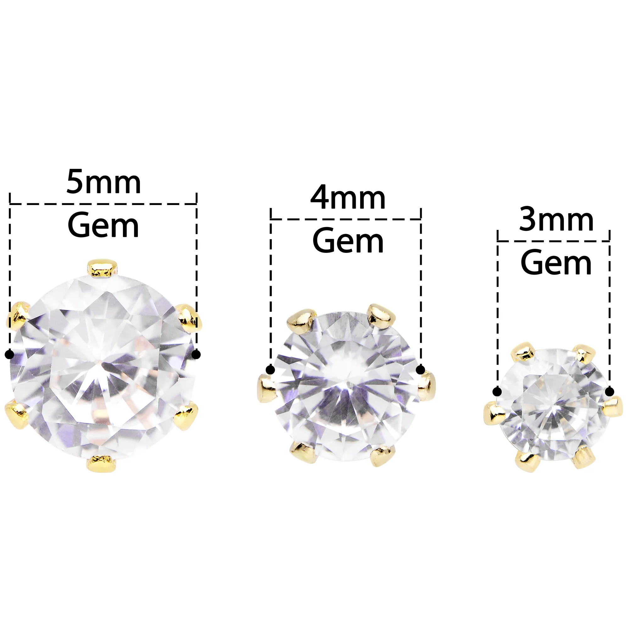 20G Clear CZ Gem Gold Tone 3mm to 5mm Post Stud Earring Set of 3 - Image 5