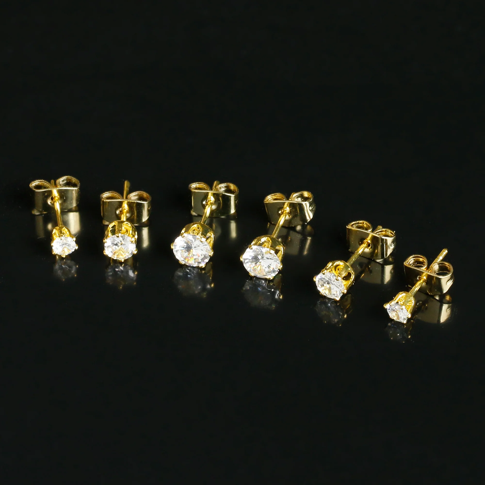 20G Clear CZ Gem Gold Tone 3mm to 5mm Post Stud Earring Set of 3 - Image 7
