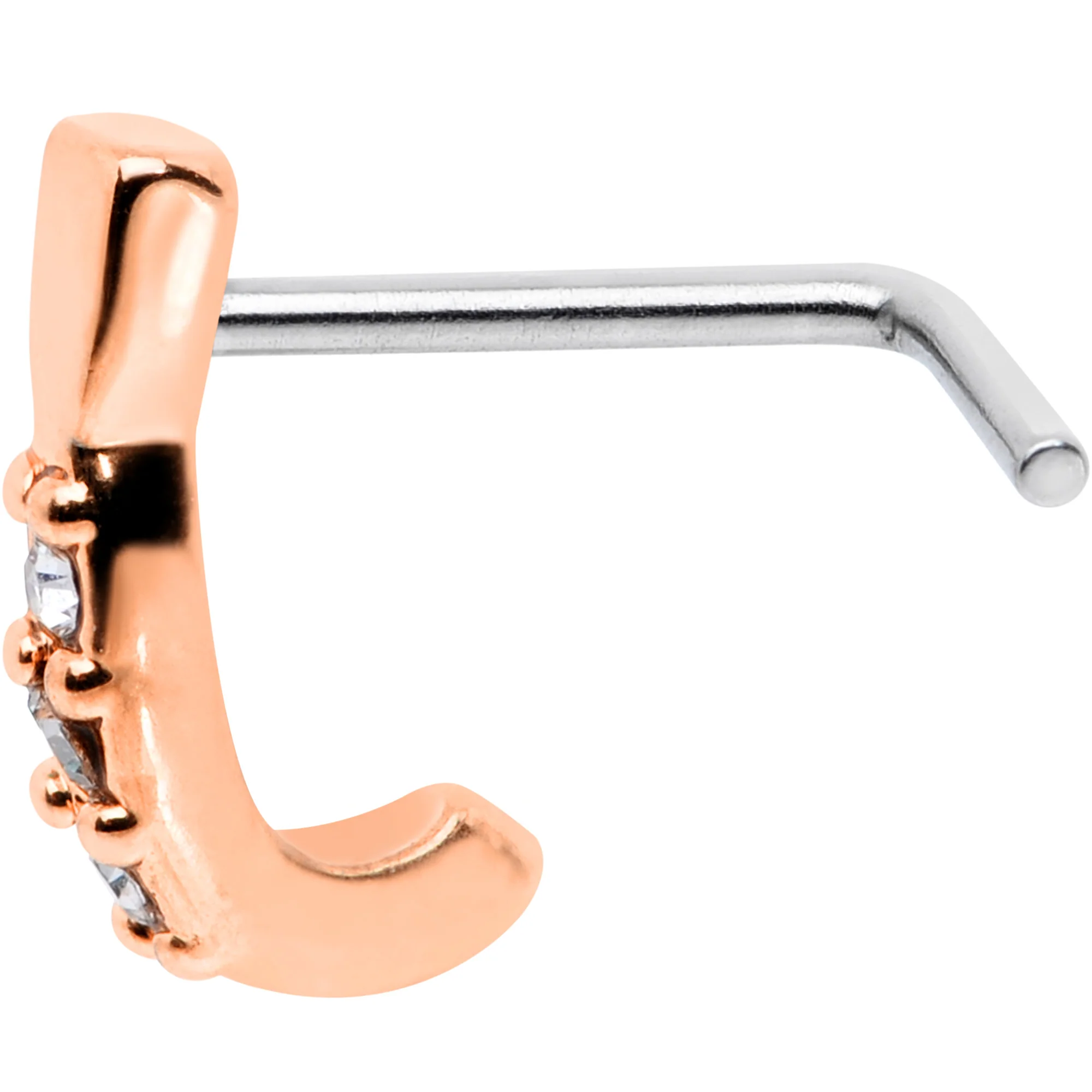 20G Clear CZ Gem Rose Gold Tone Trio Faux Hoop L Shaped Nose Ring - Image 3
