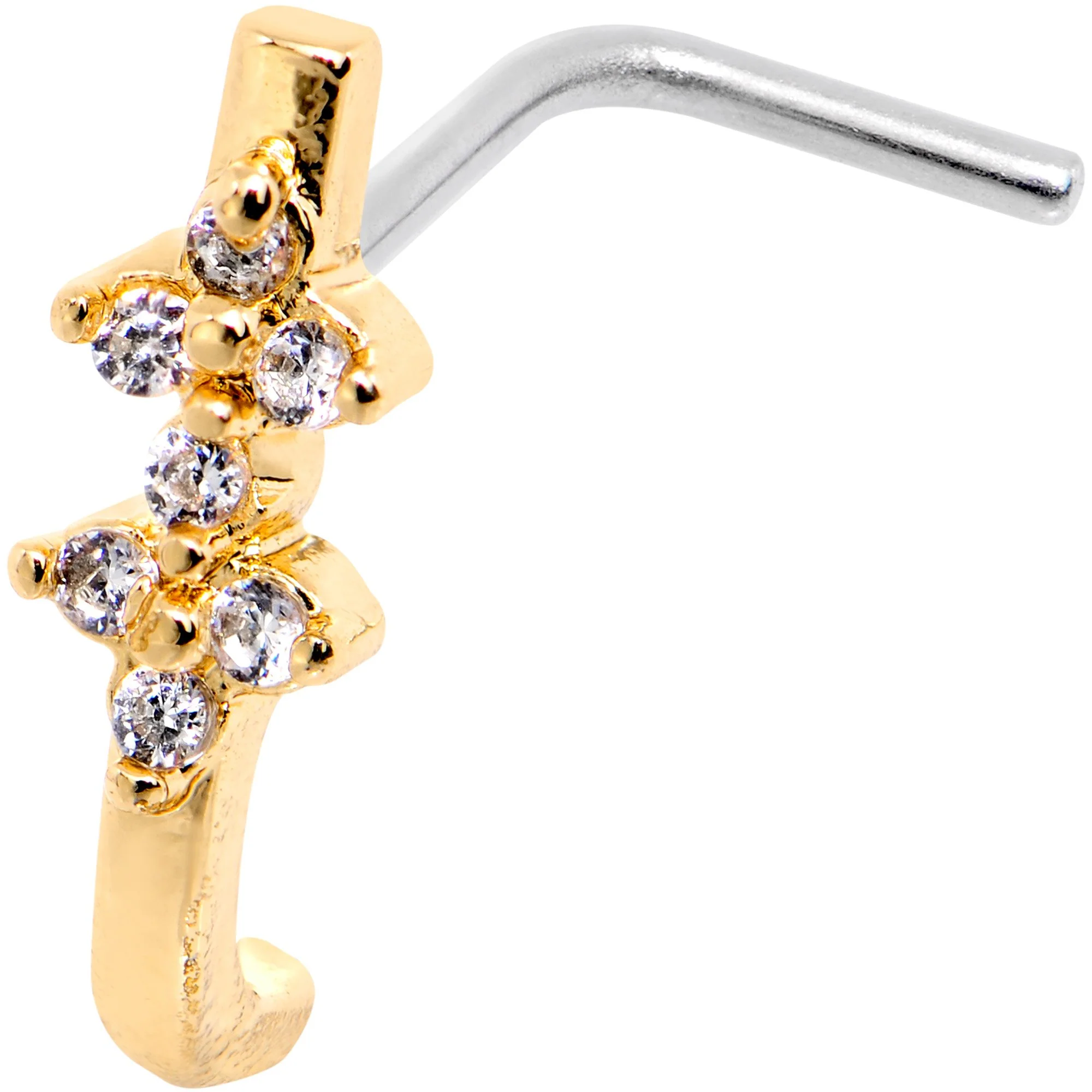 20G Clear CZ Gold Tone Bling Faux Hoop L Shaped Nose Ring - Image 2