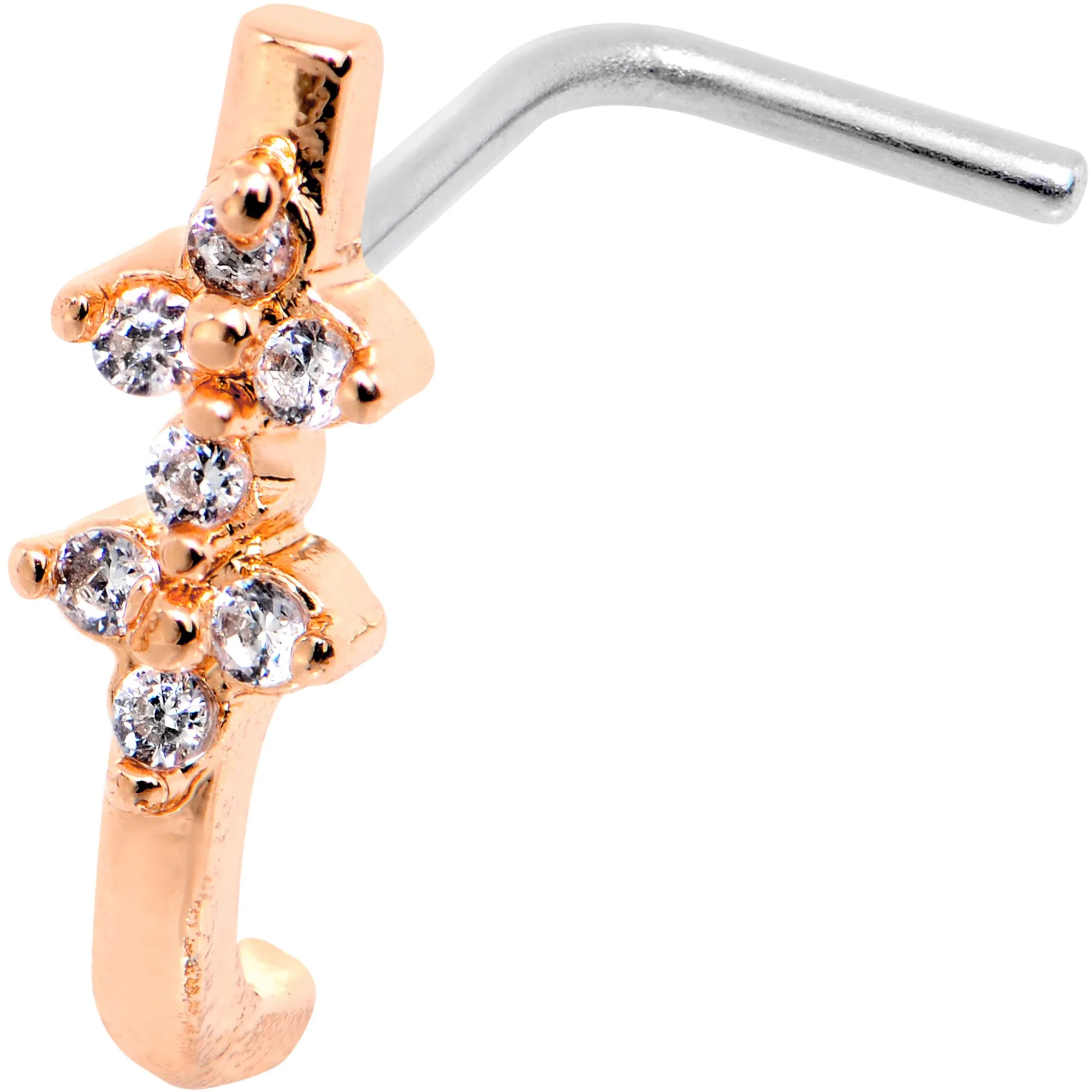 20G Clear CZ Rose Gold Tone Bling Faux Hoop L Shaped Nose Ring - Image 2