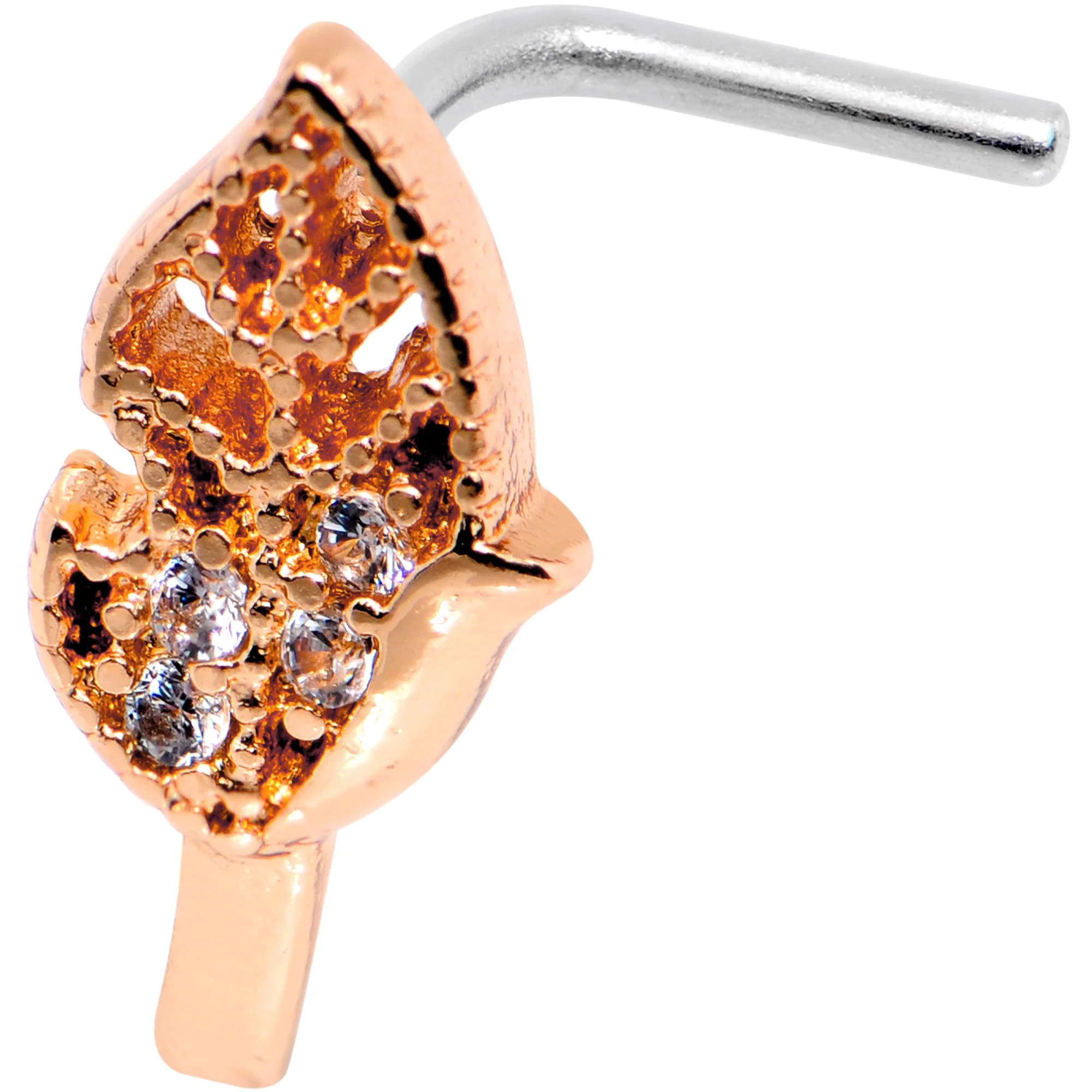 20G Clear CZ Rose Gold Tone Leaf Faux Hoop L Shaped Nose Ring - Image 2