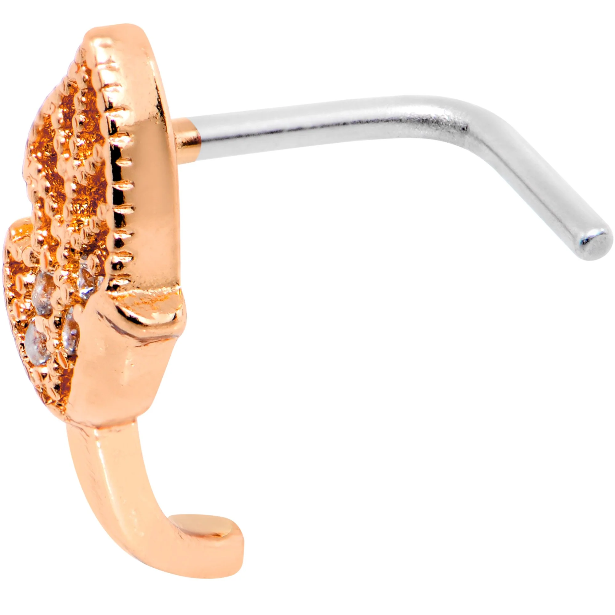 20G Clear CZ Rose Gold Tone Leaf Faux Hoop L Shaped Nose Ring - Image 3