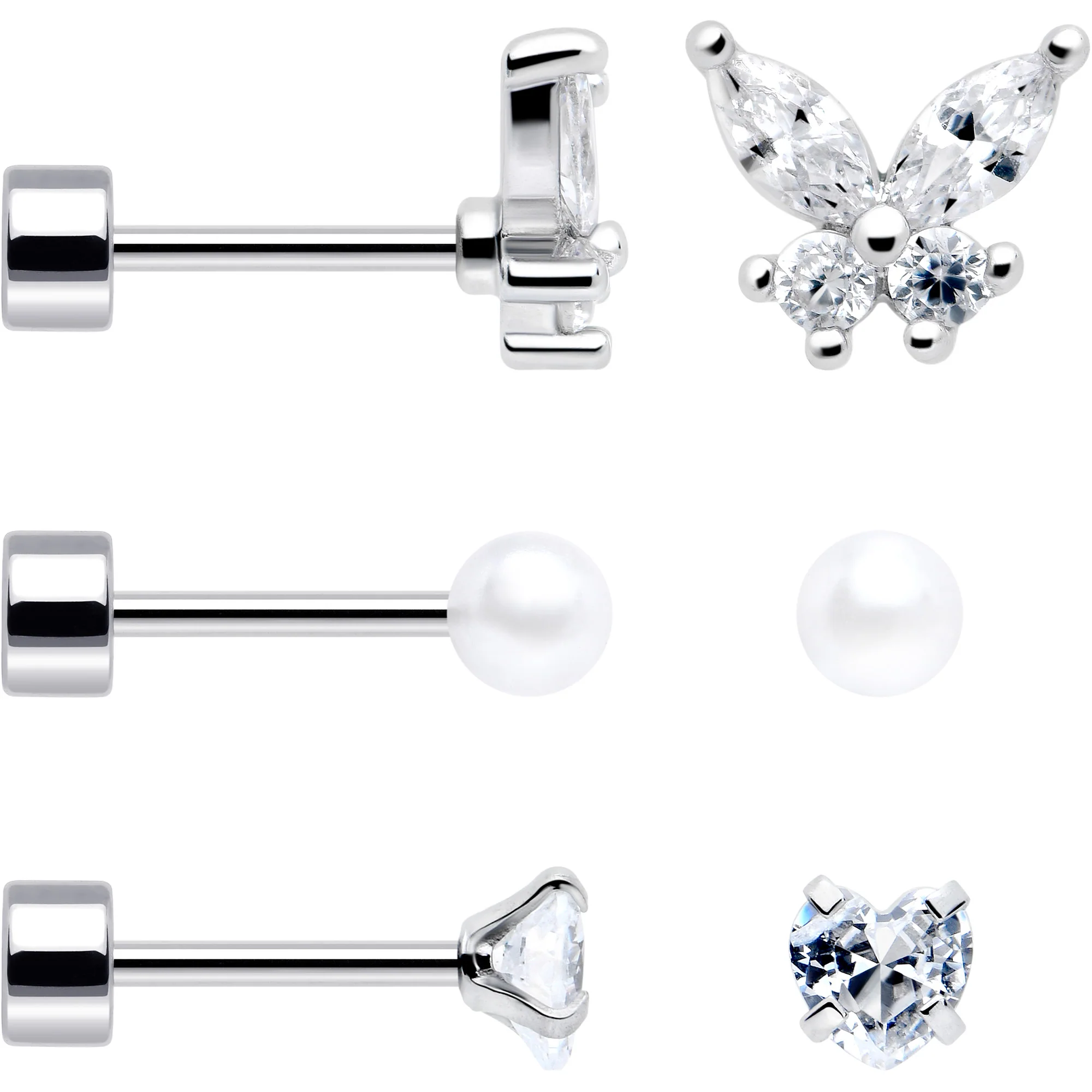 20G Clear Gem White Orb Butterfly Flatback Earring Set of 6 - Image 3