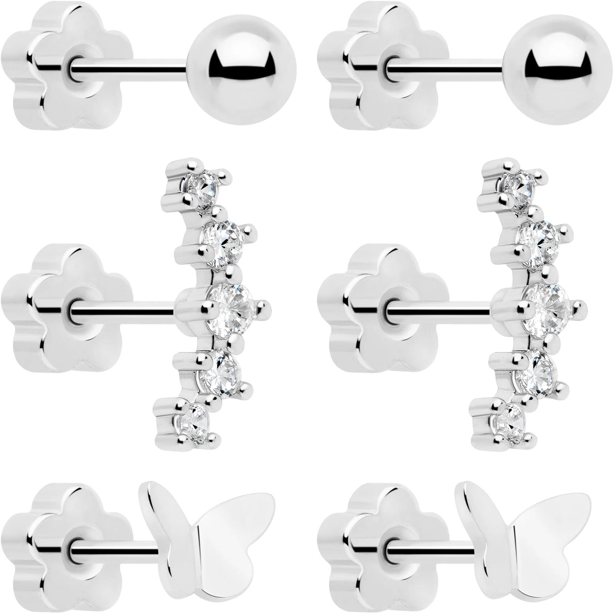 20G CZ Gem Ball Arch Butterfly Reversible Flower Flat Back Earring Set of 6 - Image 10