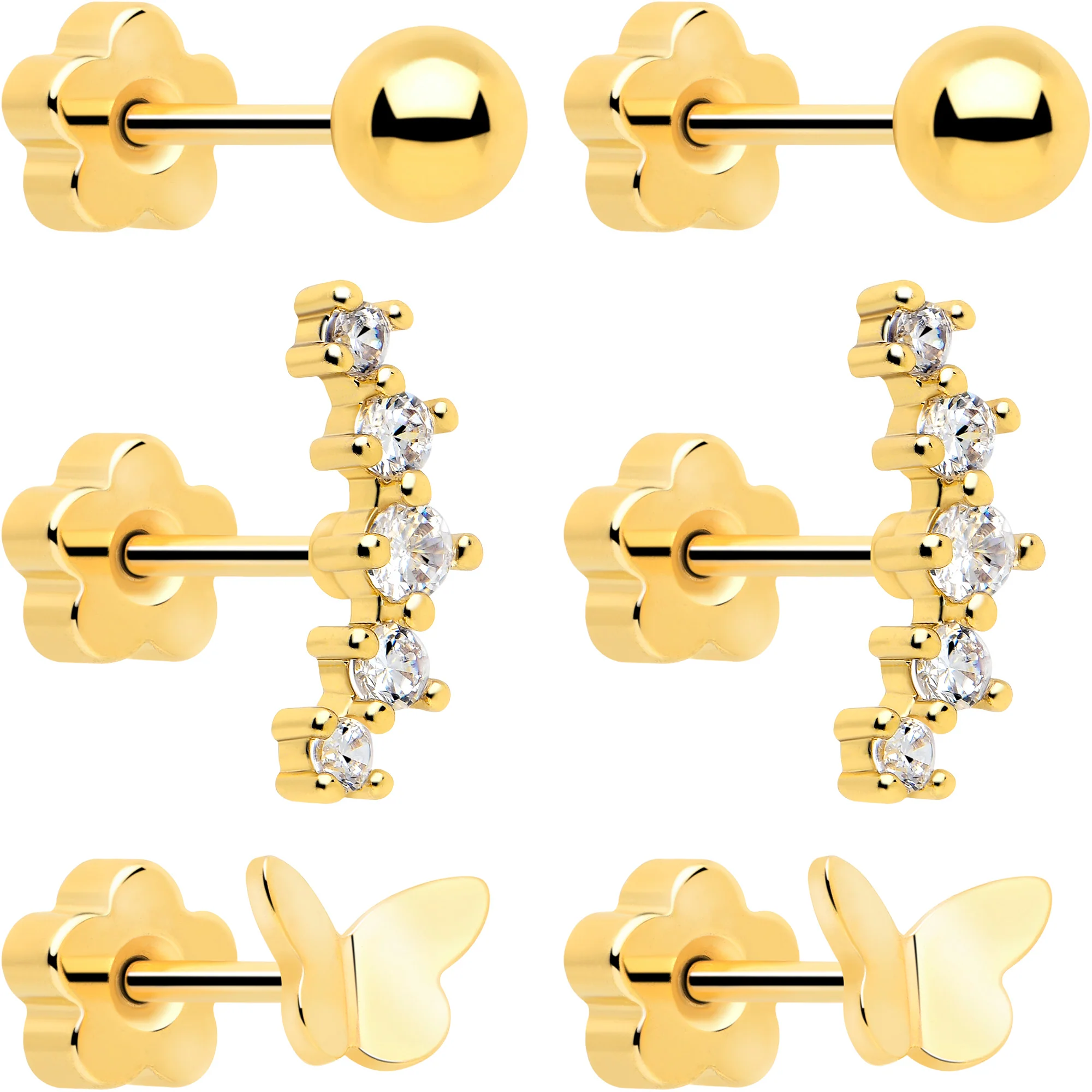 20G CZ Gem Ball Arch Butterfly Reversible Flower Flat Back Earring Set of 6 - Image 2