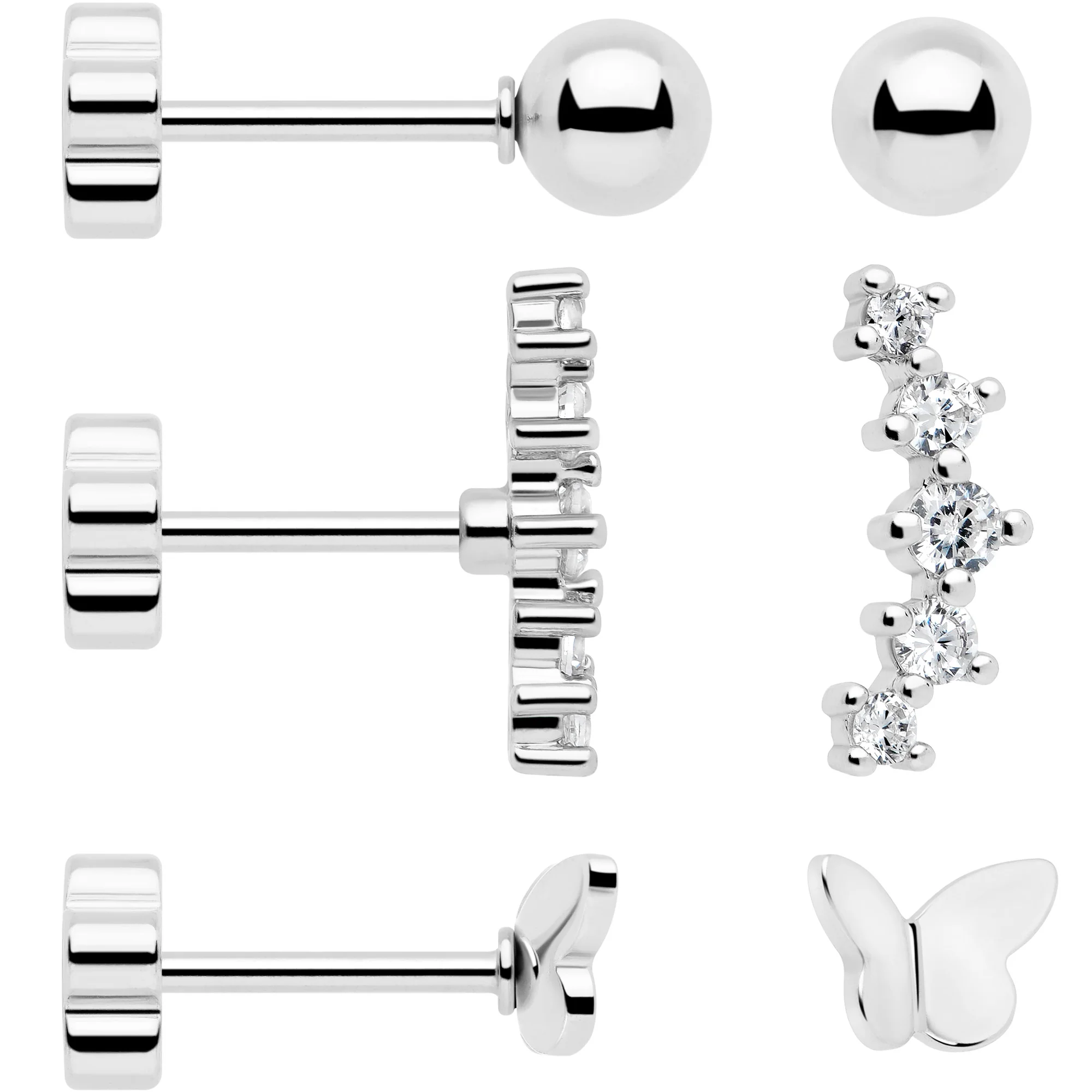 20G CZ Gem Ball Arch Butterfly Reversible Flower Flat Back Earring Set of 6 - Image 6
