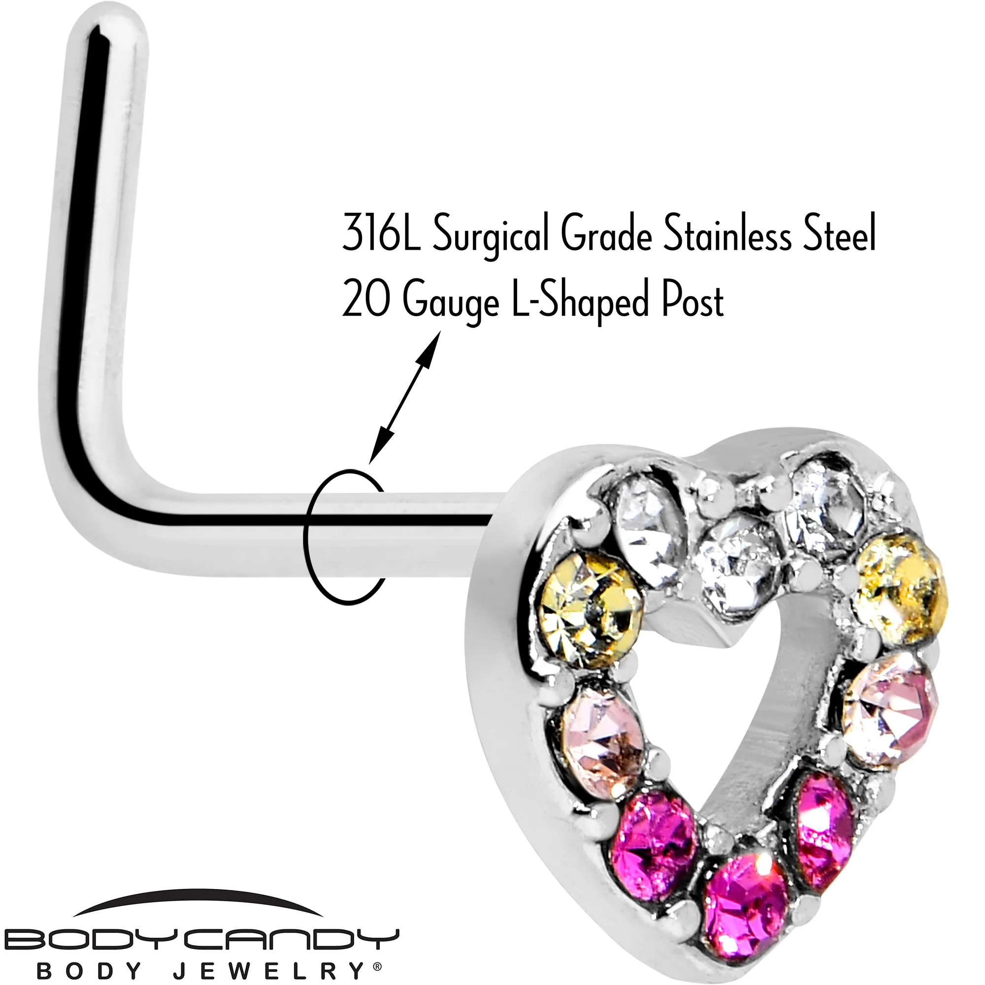20G Romance Gem Open Heart L Shape Nose Ring - Image 4