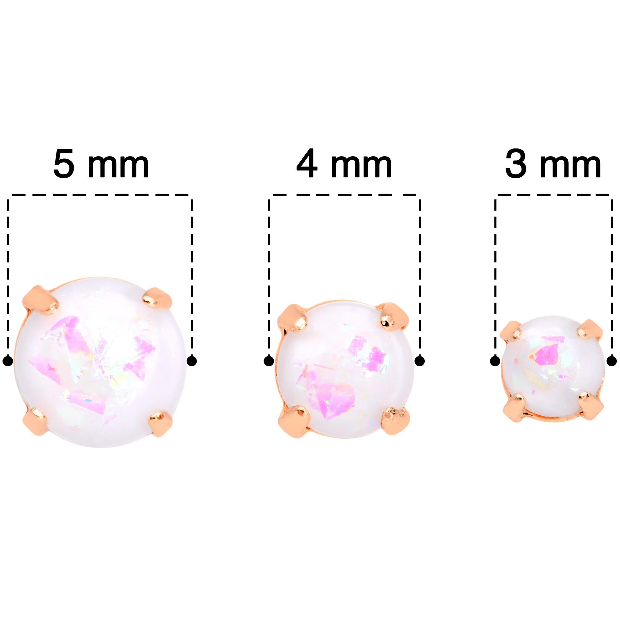 20G White Faux Opal Rose Gold Tone 3mm 5mm Stud Earrings Set of 3 - Image 5