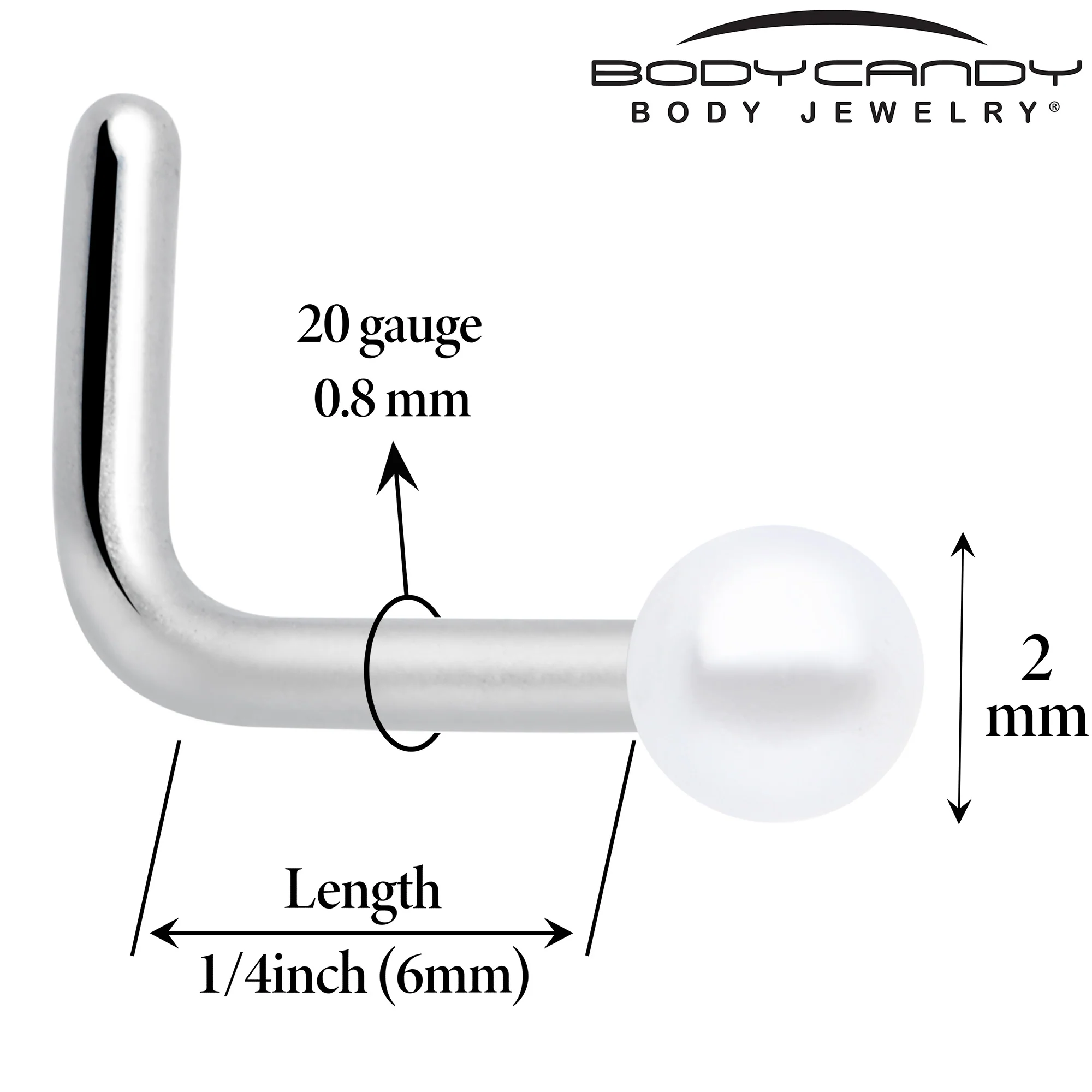 20G 1/4 White Faux Pearl Simple Stunner L Shape Nose Ring - Image 2