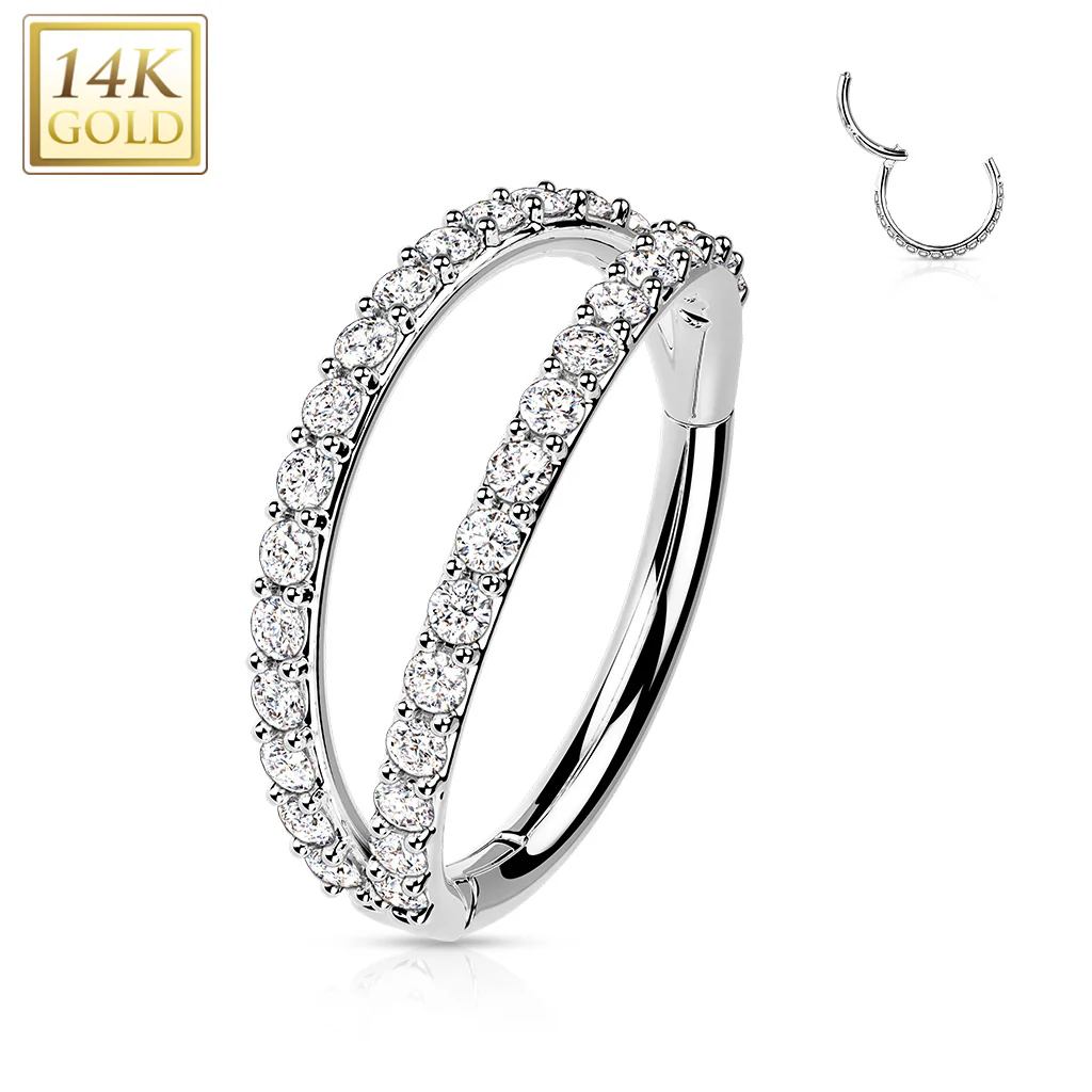 20G 5/16 Clear CZ Gem Solid 14k Gold Double Row Hinged Nose Hoop - Image 2