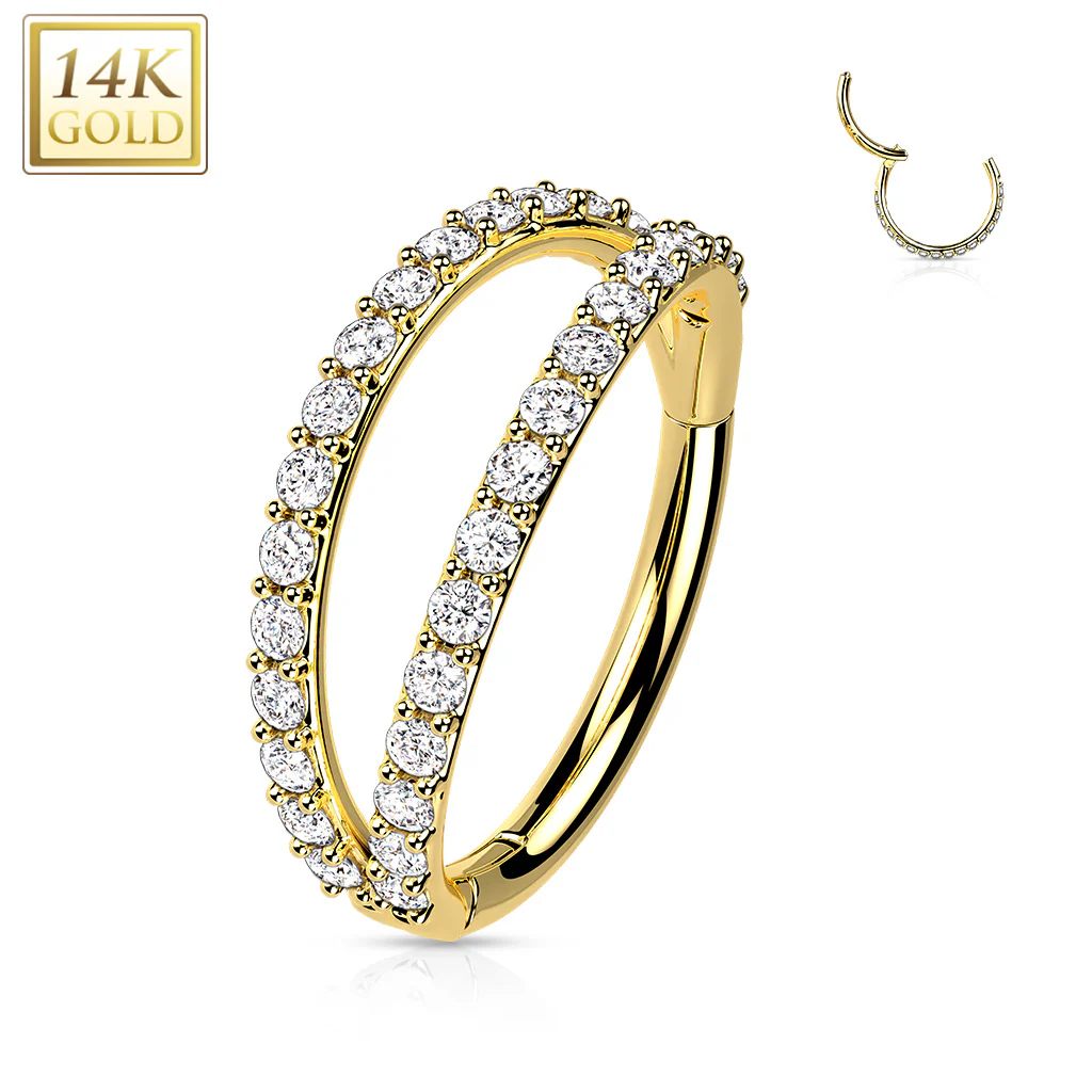 20G 5/16 Clear CZ Gem Solid 14k Gold Double Row Hinged Nose Hoop - Image 3