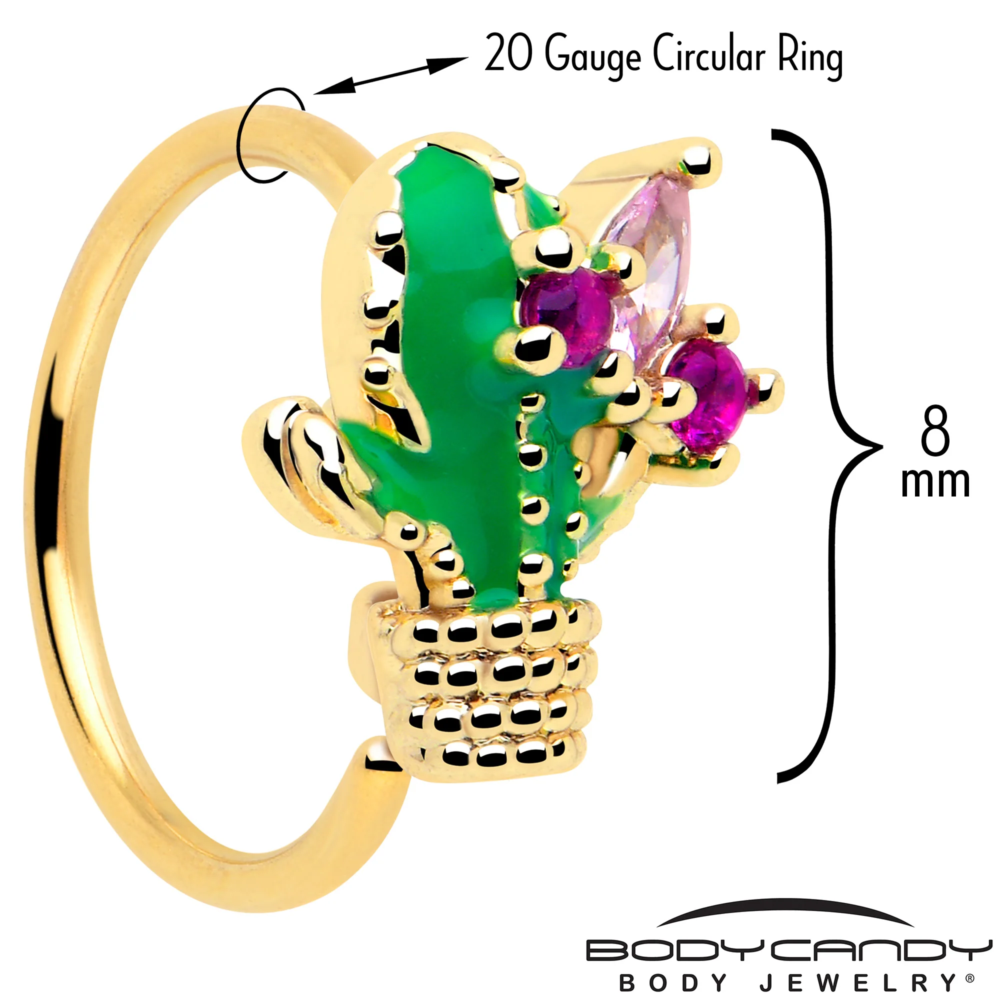 20G 5/16 Pink CZ Gem Gold Tone Floral Cactus Nose Hoop - Image 2