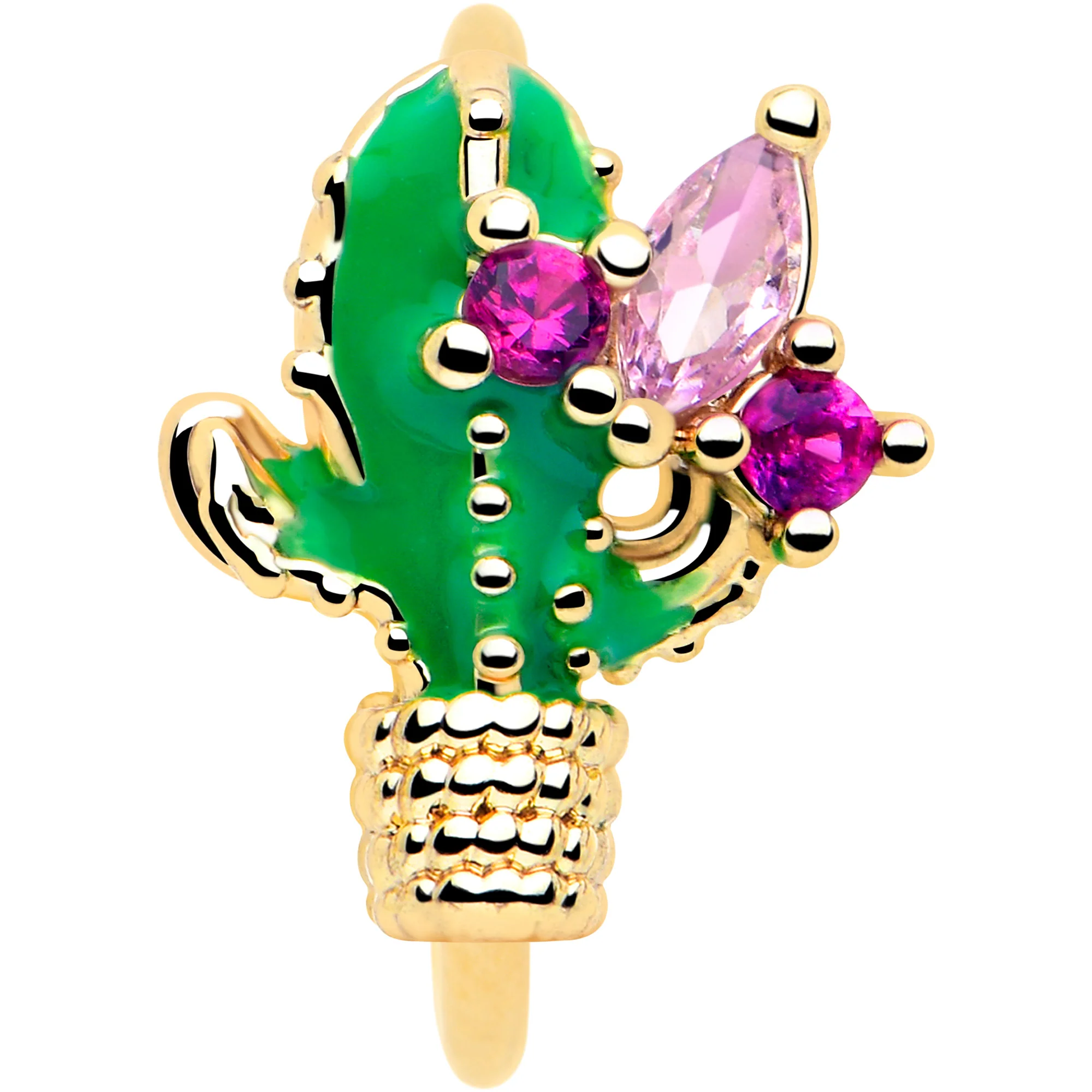 20G 5/16 Pink CZ Gem Gold Tone Floral Cactus Nose Hoop - Image 3