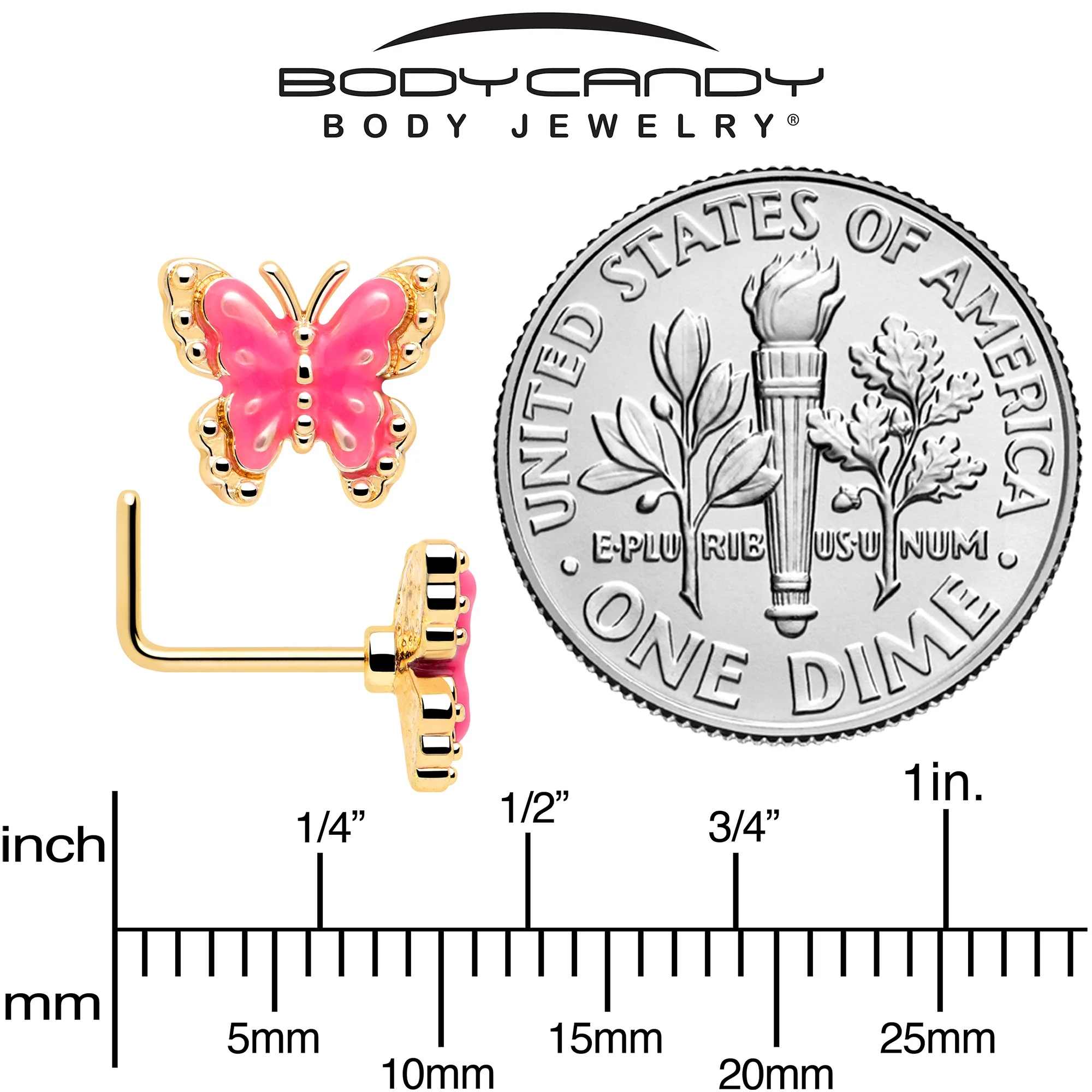 20G 7mm Gold Tone Butterfly Pink Splash L Shape Nose Ring - Image 5
