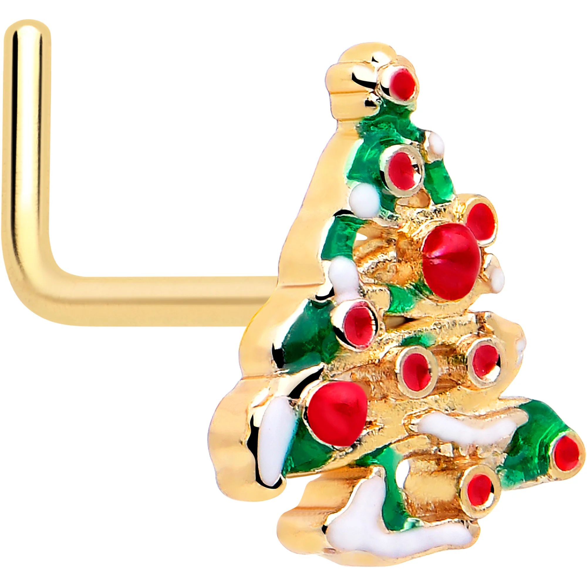 20G 7mm Gold Tone Snowy Christmas Tree L Shape Nose Ring