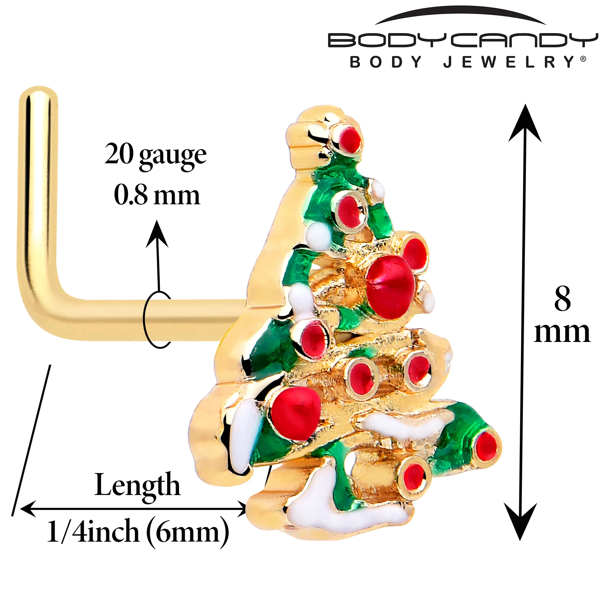 20G 7mm Gold Tone Snowy Christmas Tree L Shape Nose Ring - Image 2
