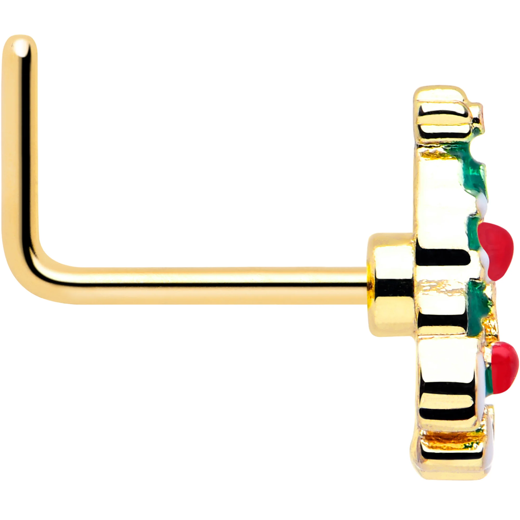 20G 7mm Gold Tone Snowy Christmas Tree L Shape Nose Ring - Image 4