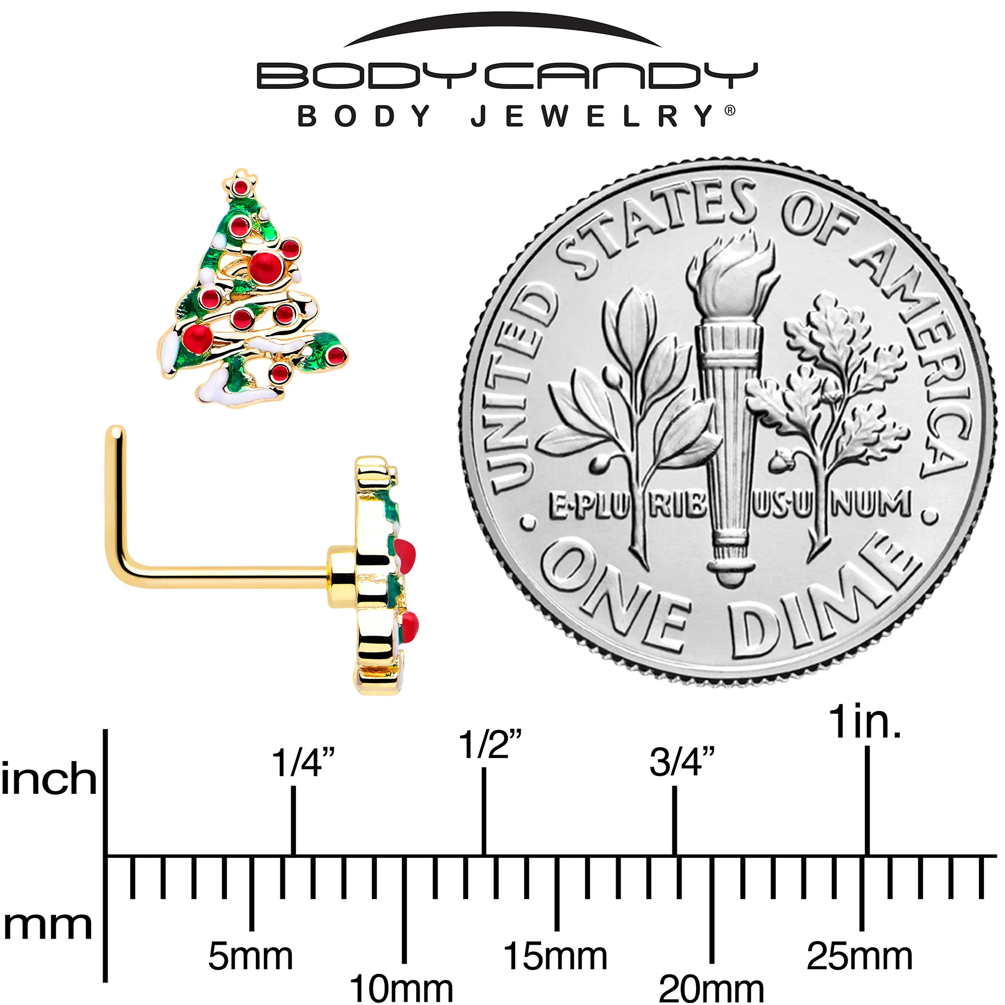 20G 7mm Gold Tone Snowy Christmas Tree L Shape Nose Ring - Image 5