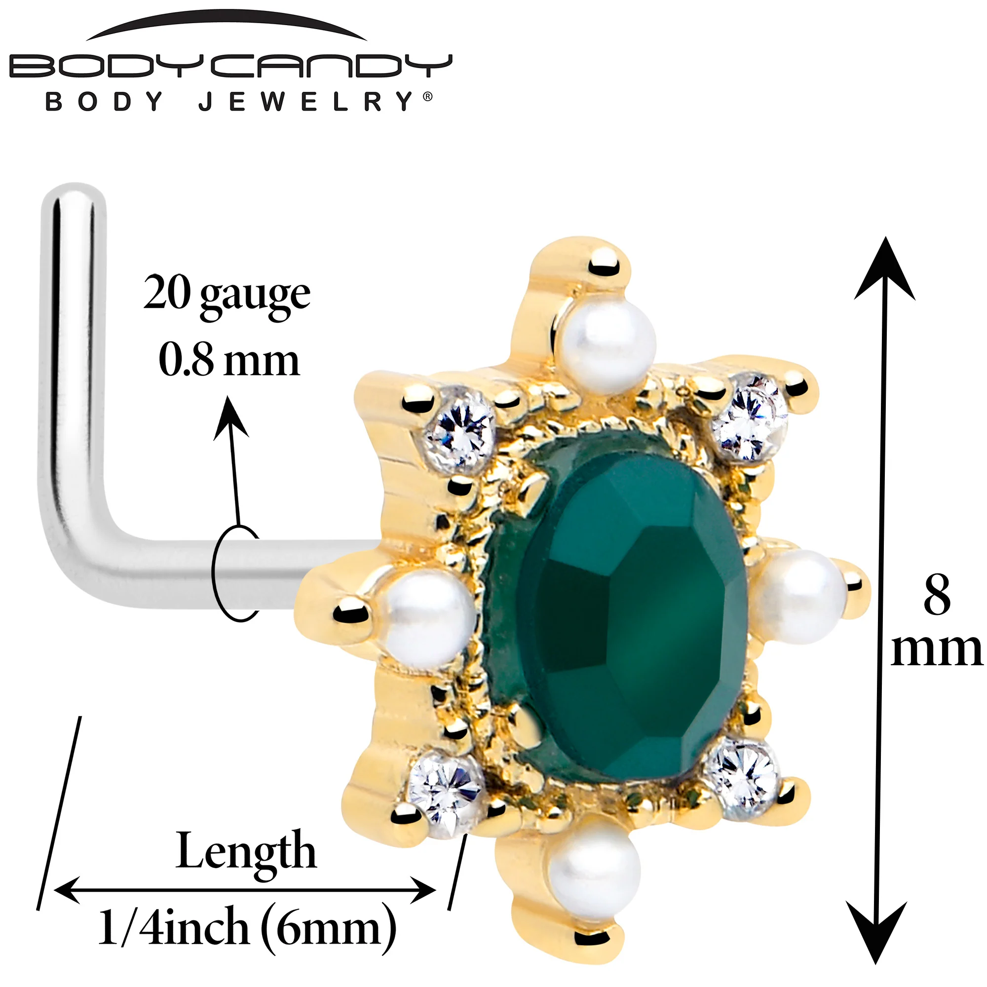 20G 7mm Green CZ Gem Golden Royal Beauty L Shape Nose Ring - Image 2