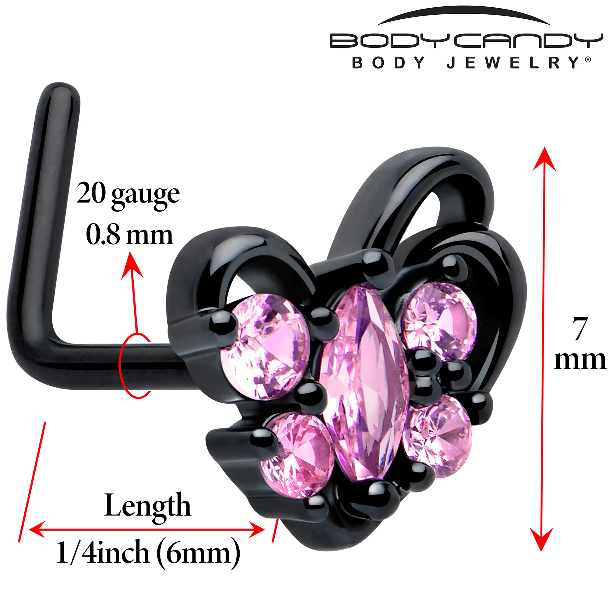 20G 7mm Pink CZ Gem Black Looping Heart L Shape Nose Ring - Image 2