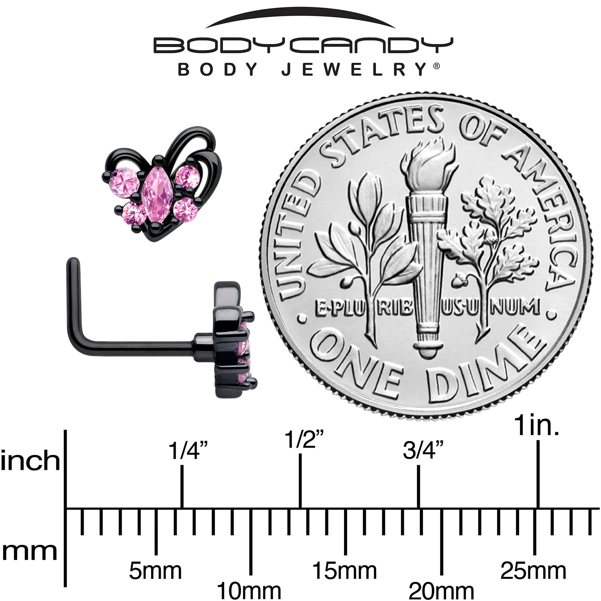 20G 7mm Pink CZ Gem Black Looping Heart L Shape Nose Ring - Image 5