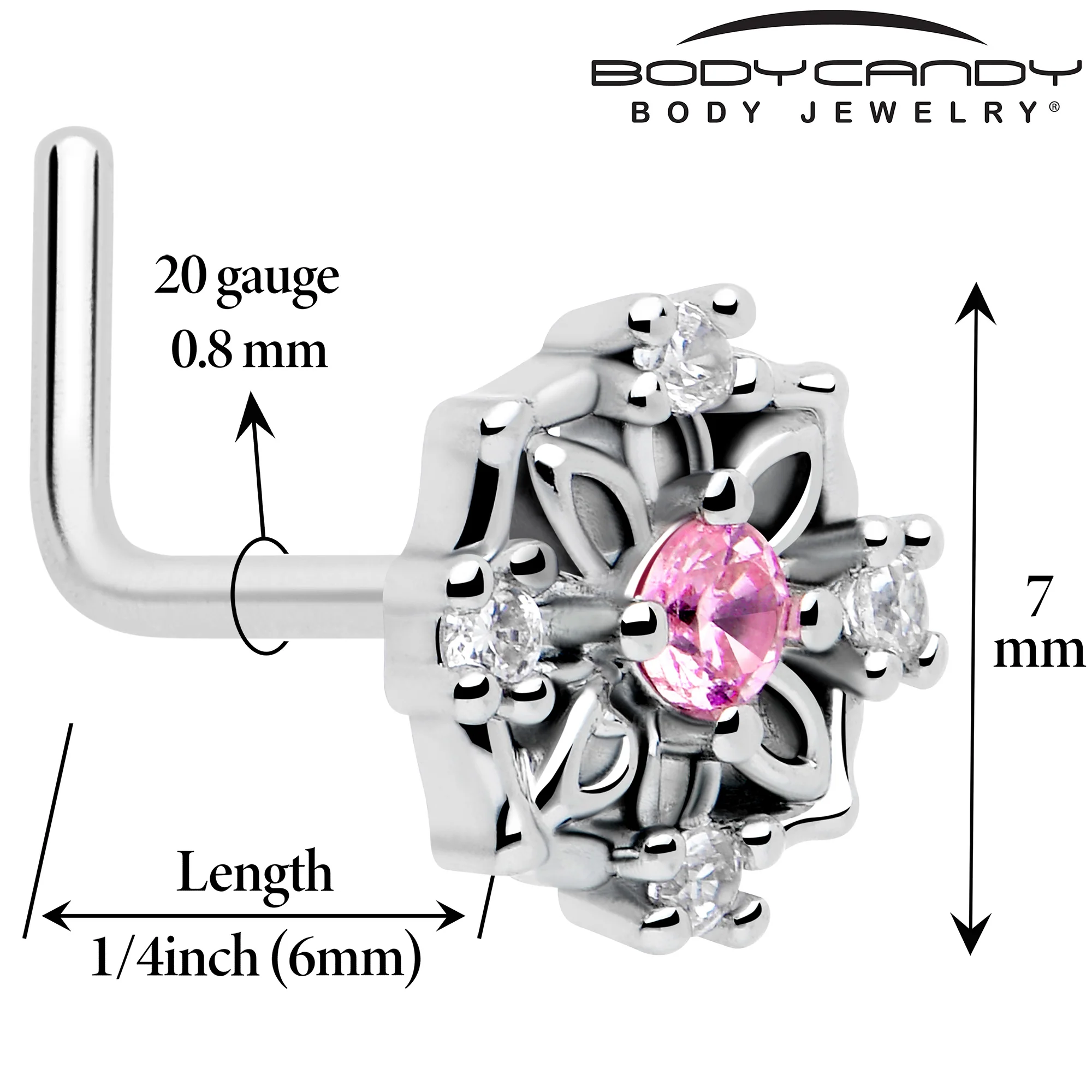 20G 7mm Pink CZ Gem Flower Circle L Shape Nose Ring - Image 2