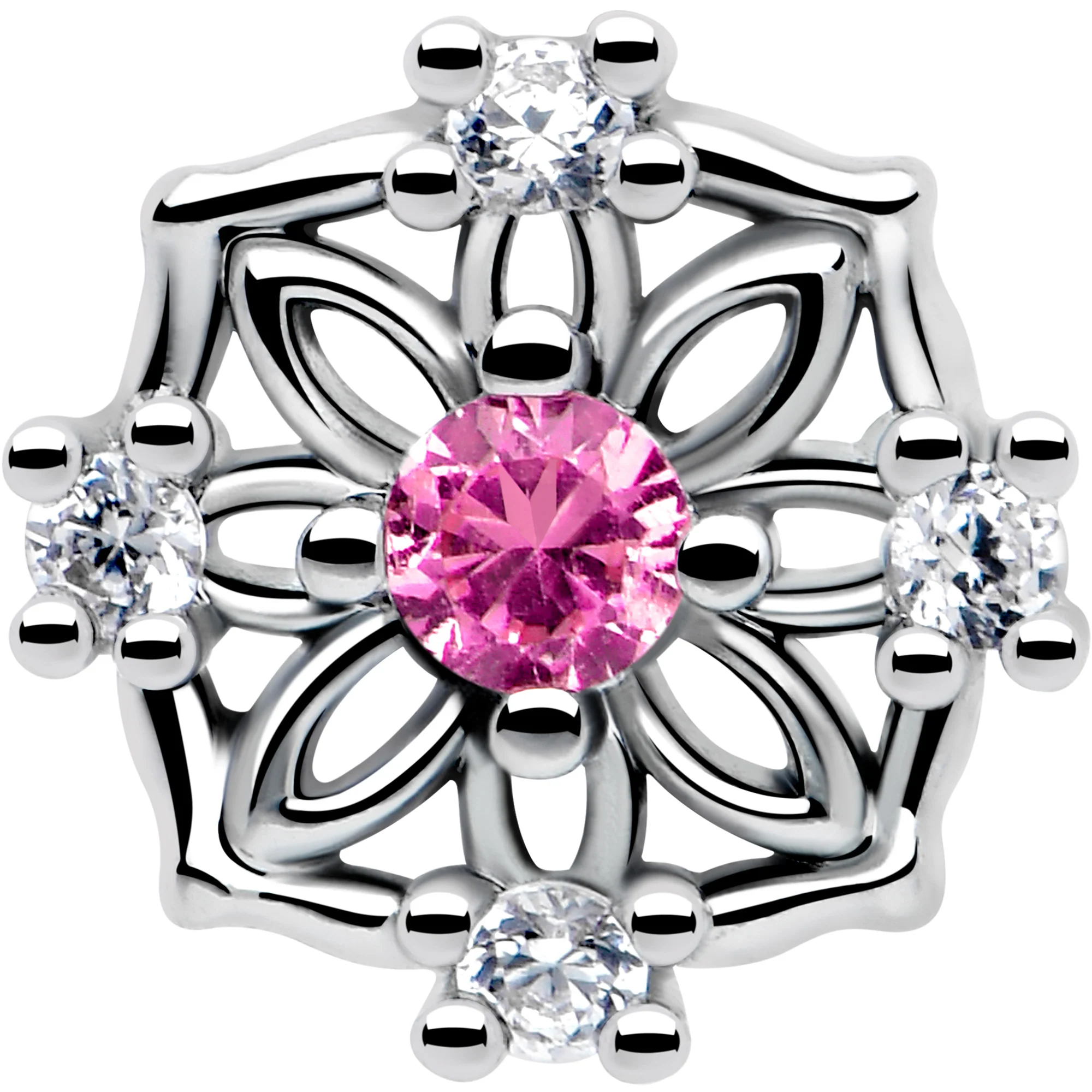 20G 7mm Pink CZ Gem Flower Circle L Shape Nose Ring - Image 3