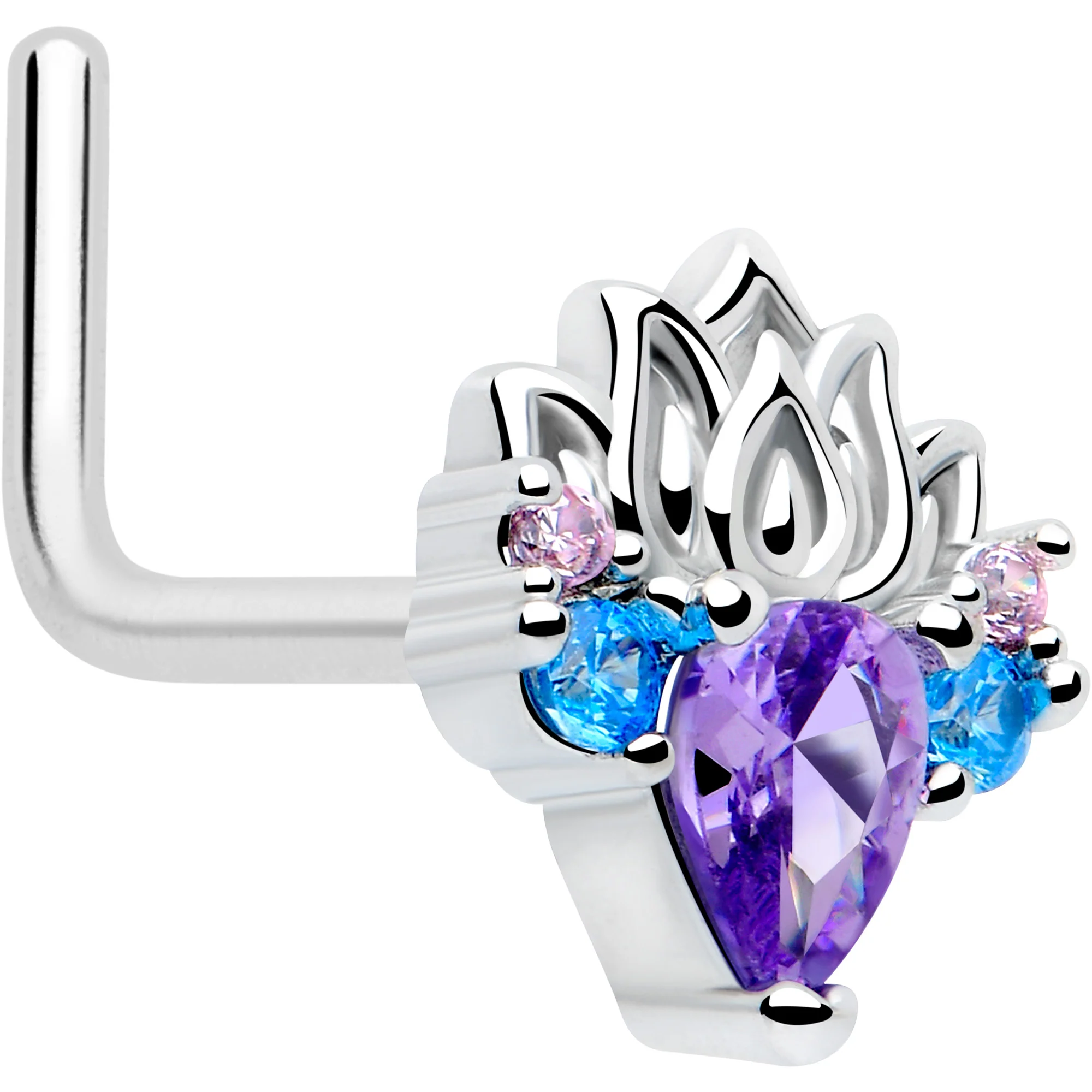 20G 7mm Purple CZ Gem Fire Lotus L Shape Nose Ring