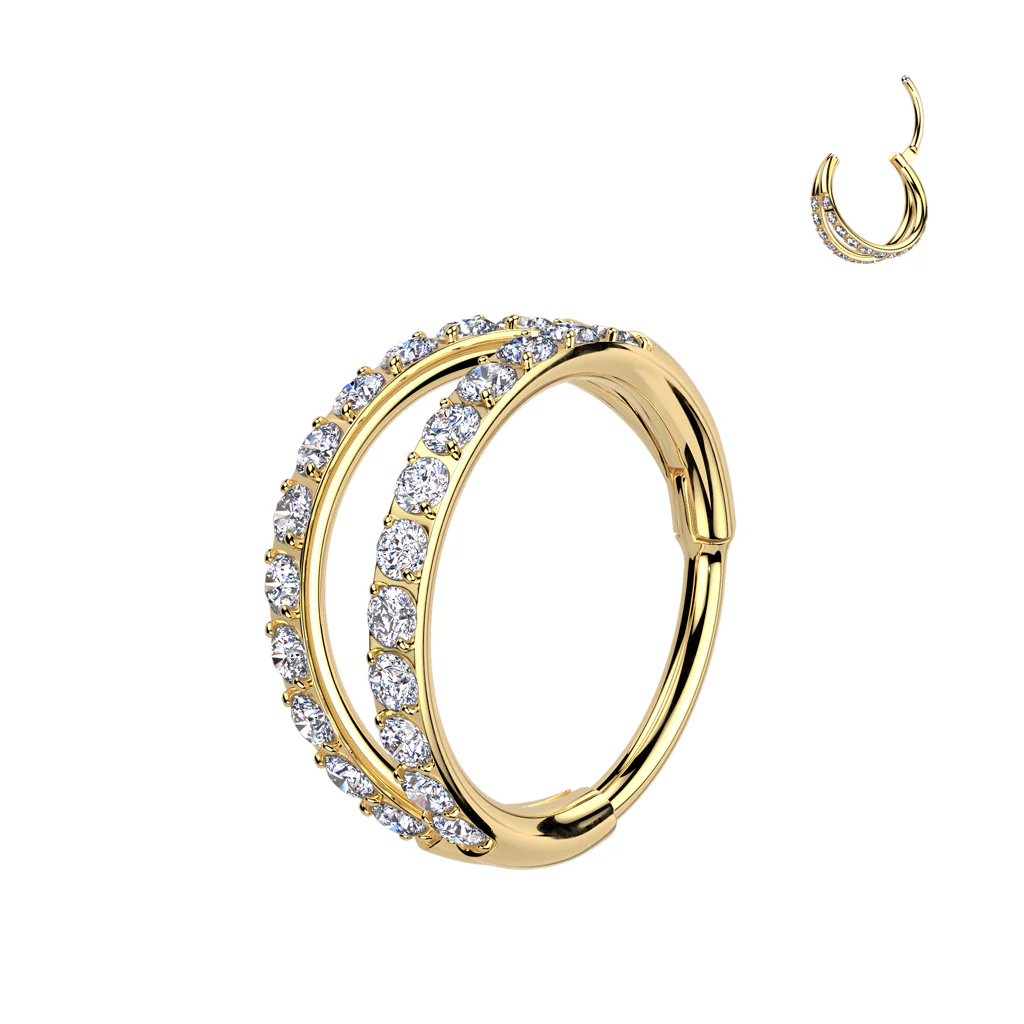 20G Clear CZ Gem Gold Tone Implant Titanium Hinged Double Hoop Nose Ring - Image 2