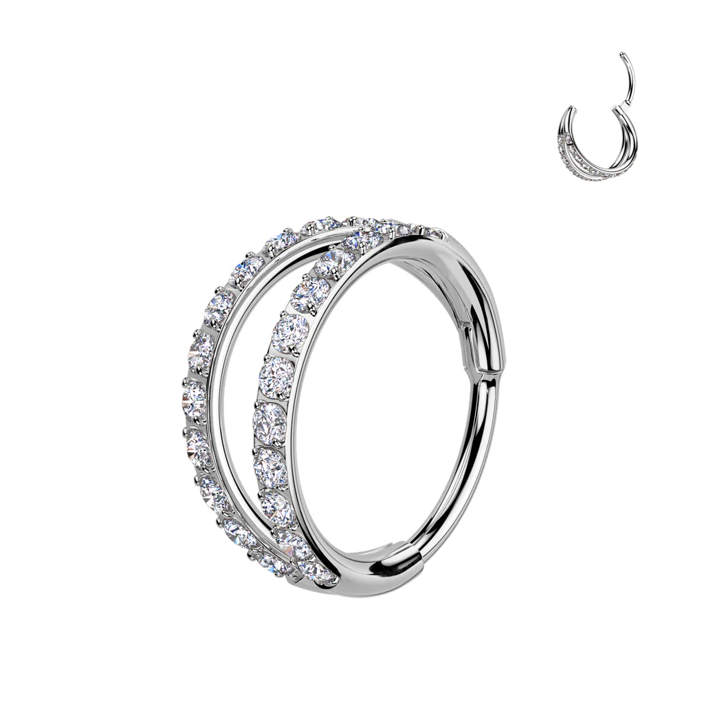 20G Clear CZ Gem Gold Tone Implant Titanium Hinged Double Hoop Nose Ring - Image 5