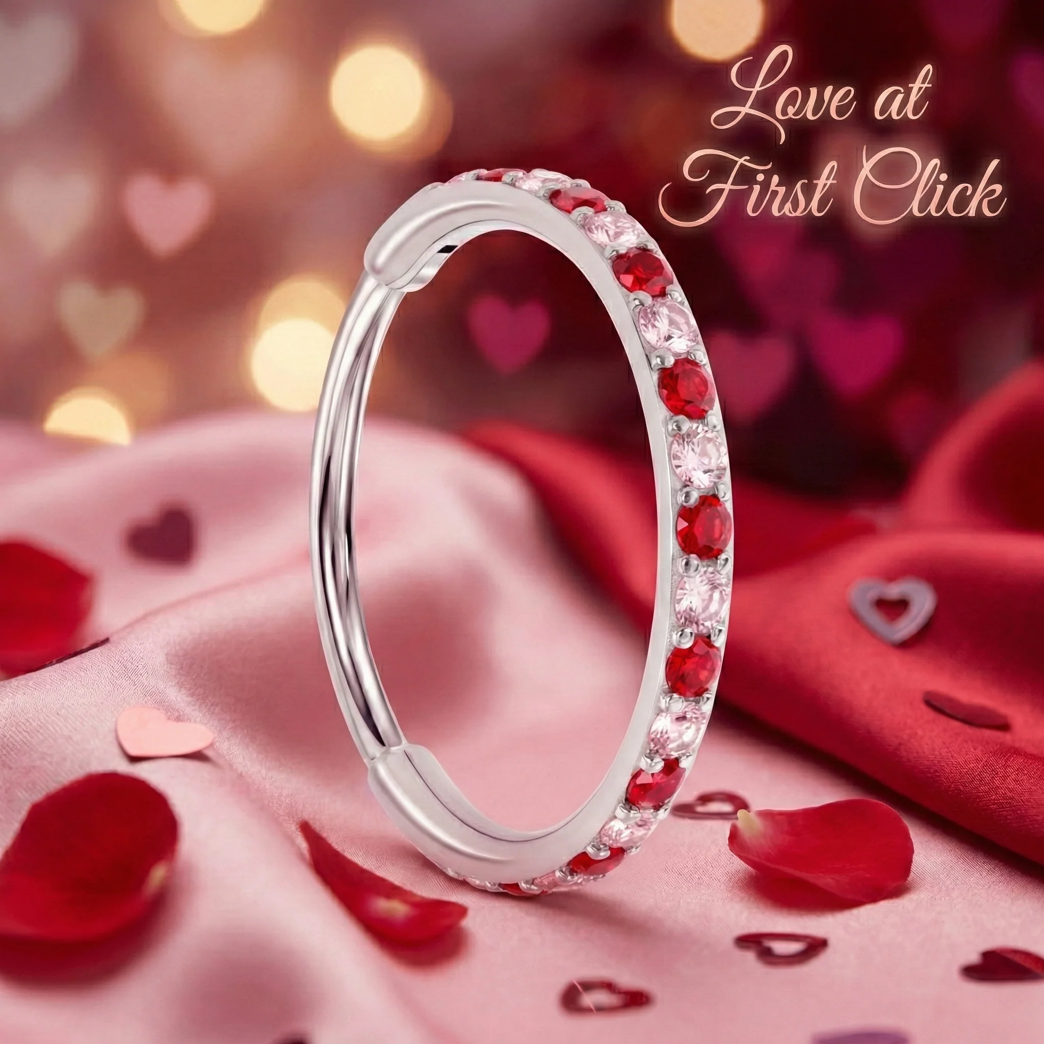 20G Micro Gem Titanium Hinged Nose Hoop - Pink Red Nose Ring - Image 3