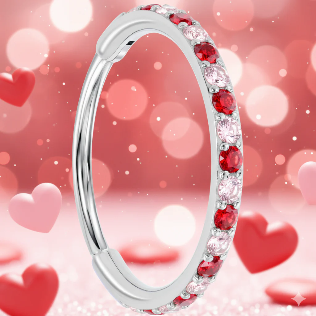 20G Micro Gem Titanium Hinged Nose Hoop - Pink Red Nose Ring - Image 4