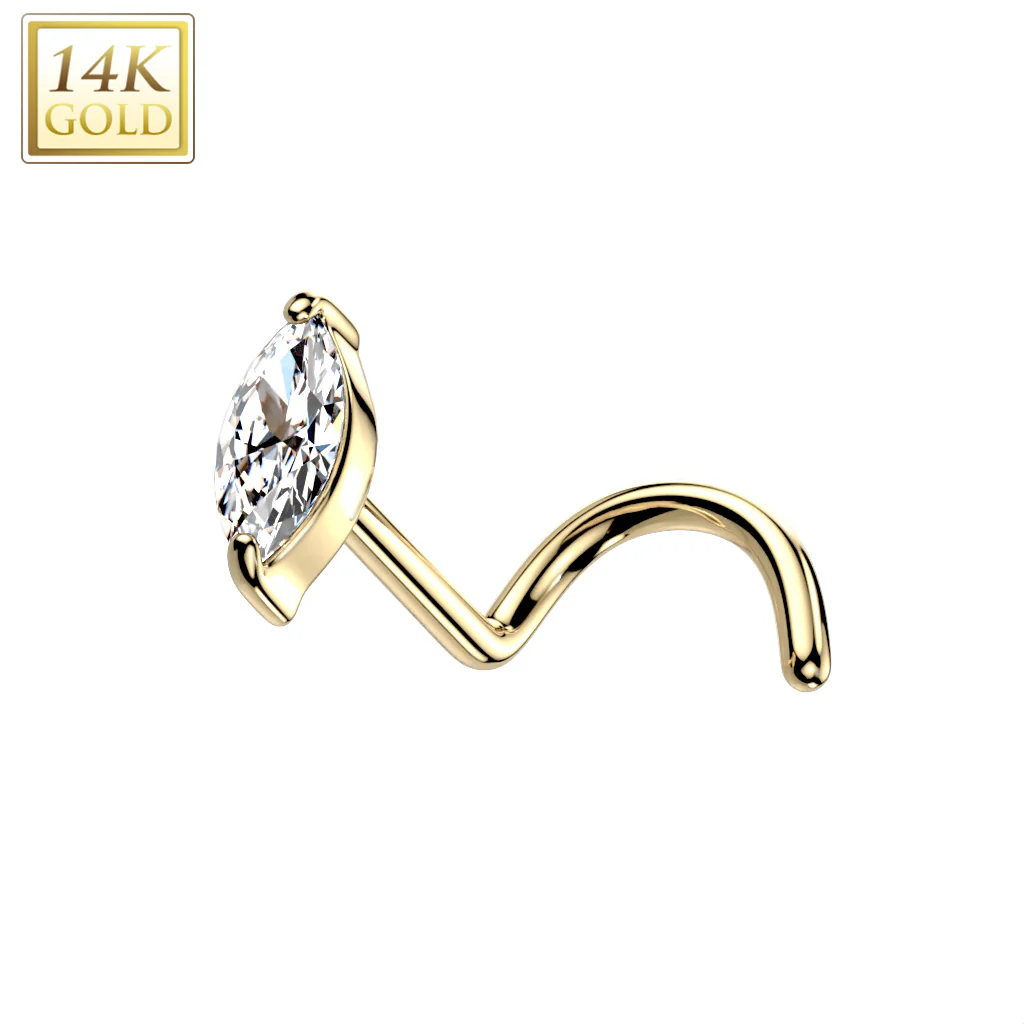 20G Solid 14k Gold Marquise CZ Nose Ring - Image 3