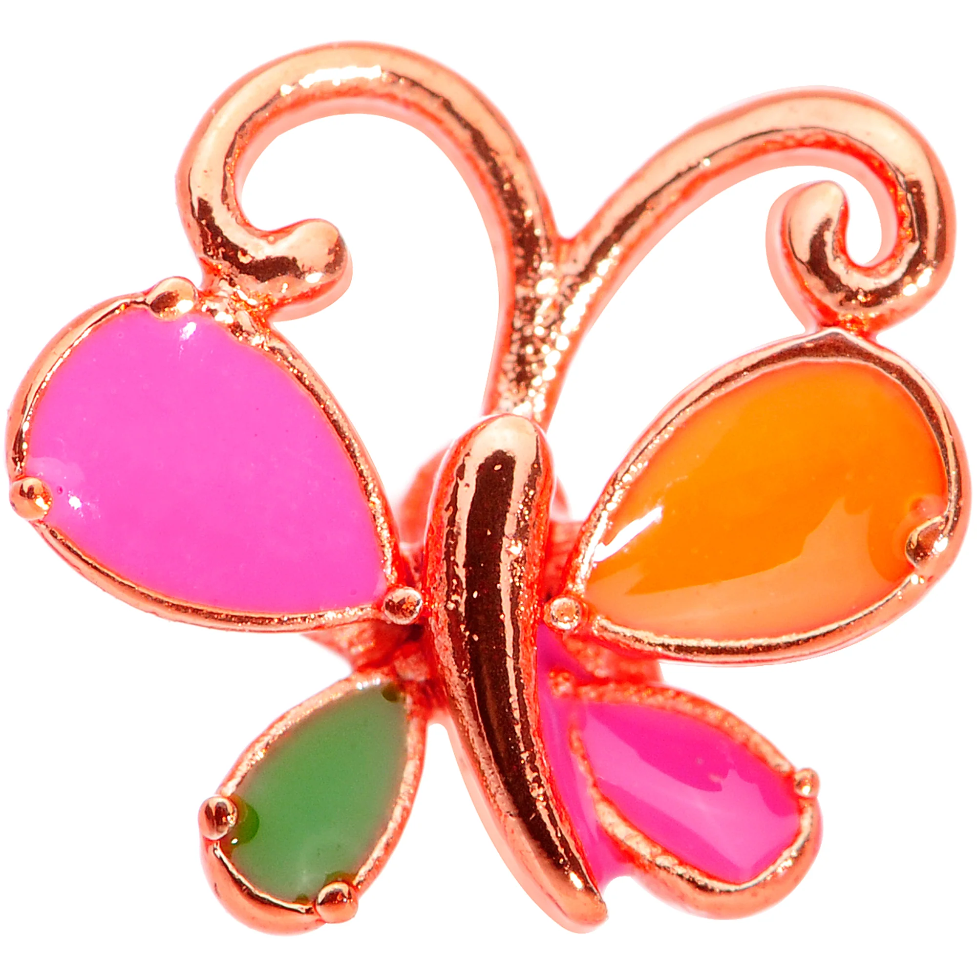 22G 1/4 Pink Orange Rose Gold Tone Butterfly L Shaped Nose Ring - Image 2