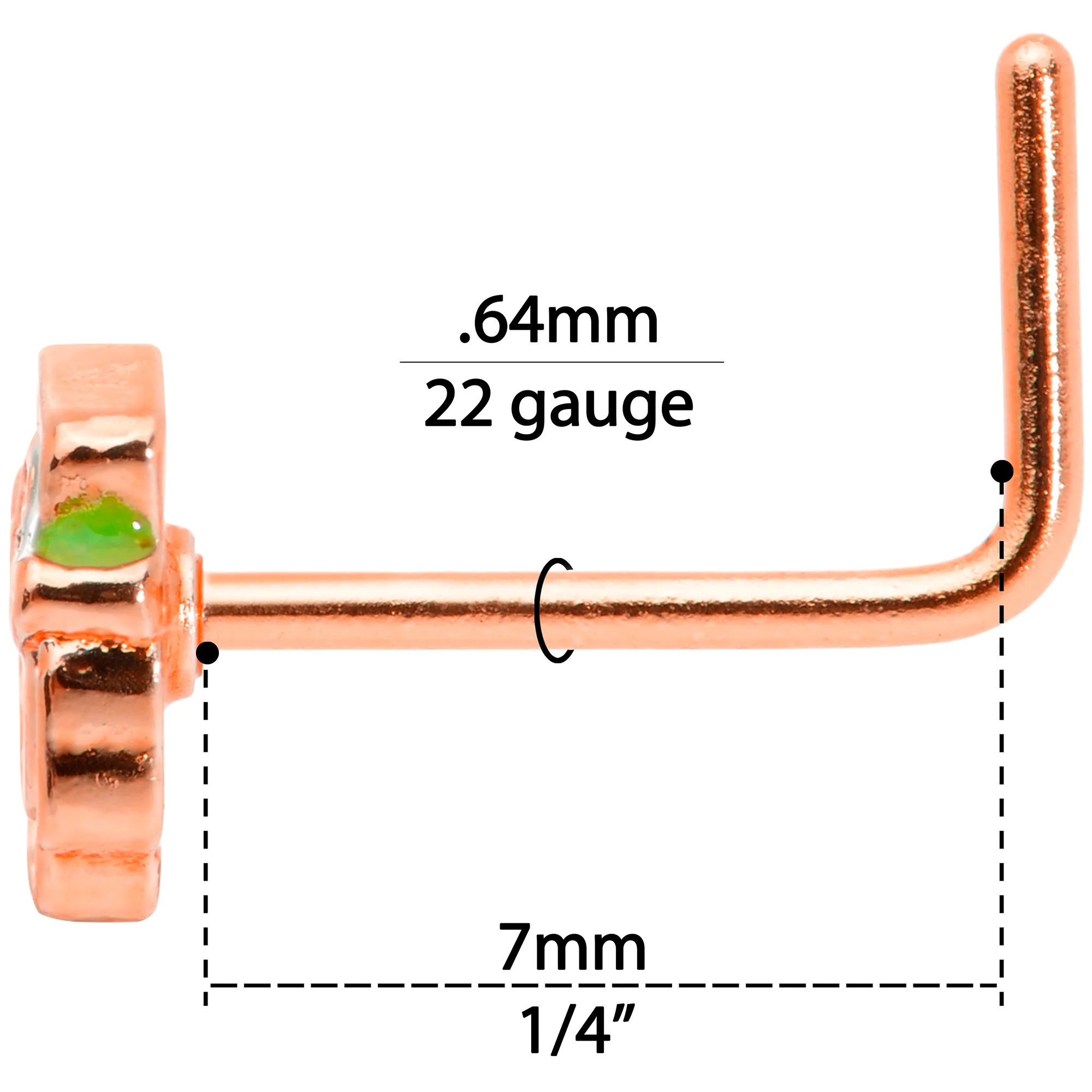 22G 5/16 Green Rose Gold Tone Lucky Leprechaun L Shaped Nose Ring - Image 6