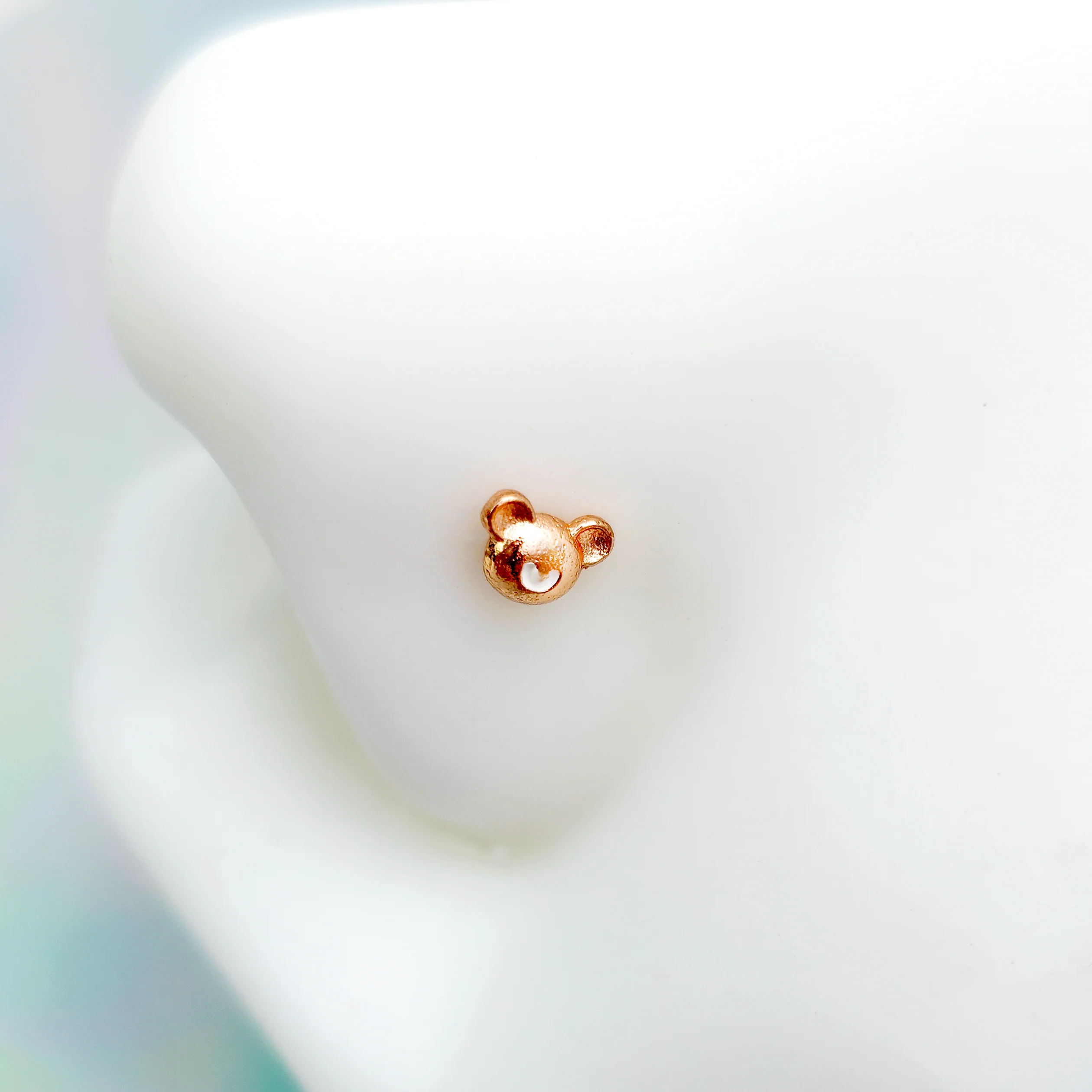 22G 5/16 Rose Gold Tone Tiny Teddy Bear L Shaped Nose Ring - Image 2