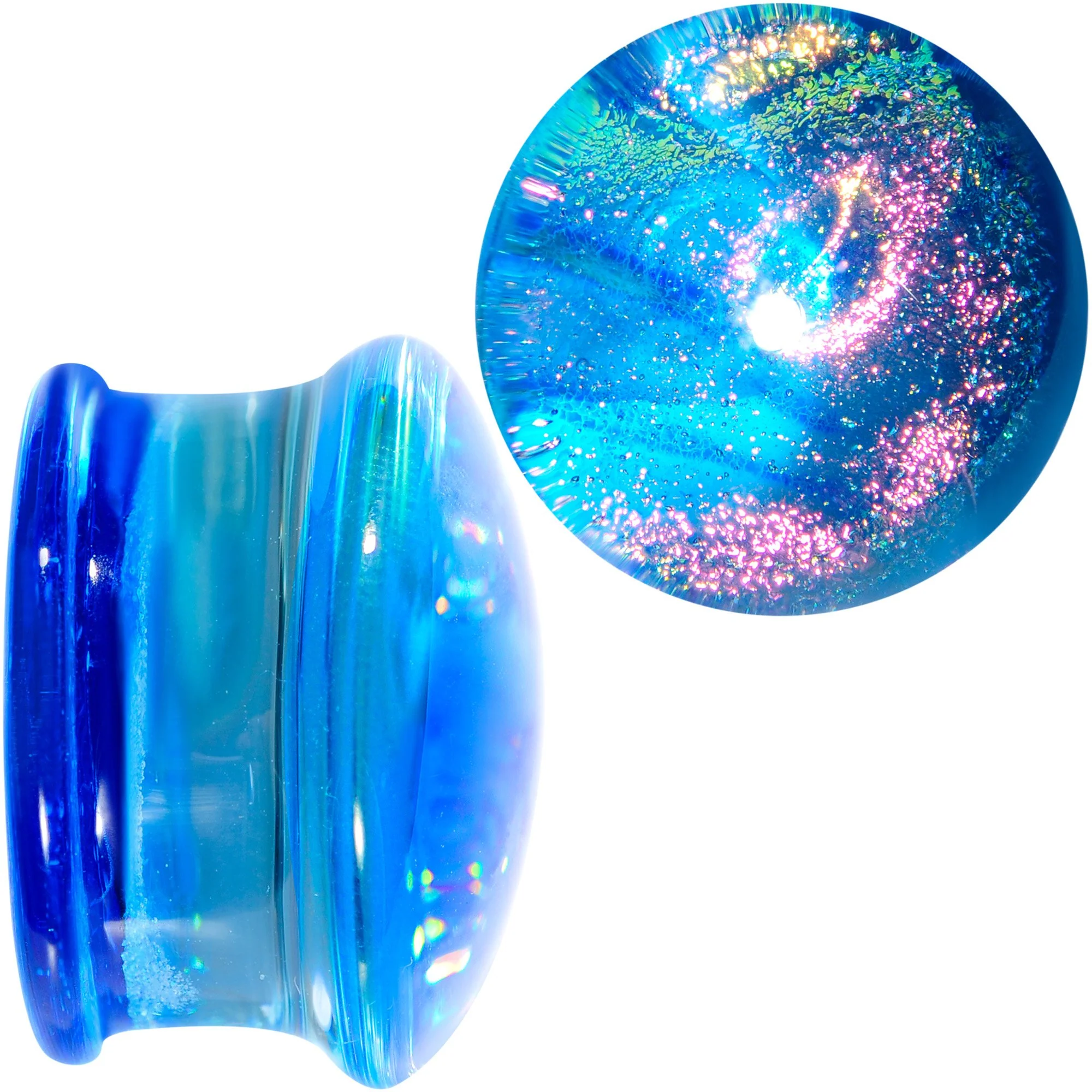 3/4 Aqua Dichroic Glass Mystic Rainbow Galaxy Double Flare Plug Set - Image 2
